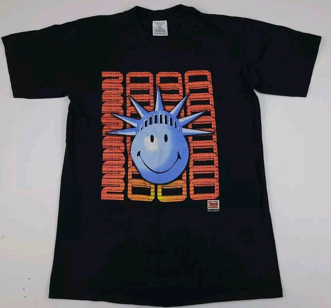 Vintage Y2k Year 2000 Millennium Statue Liberty Smiley Face T Shirt Vtg New York Unisex T-shirt, Sweatshirt, Hoodie, Long Sleeve Tee - T-Shirt, Sweatshirt, Hoodie