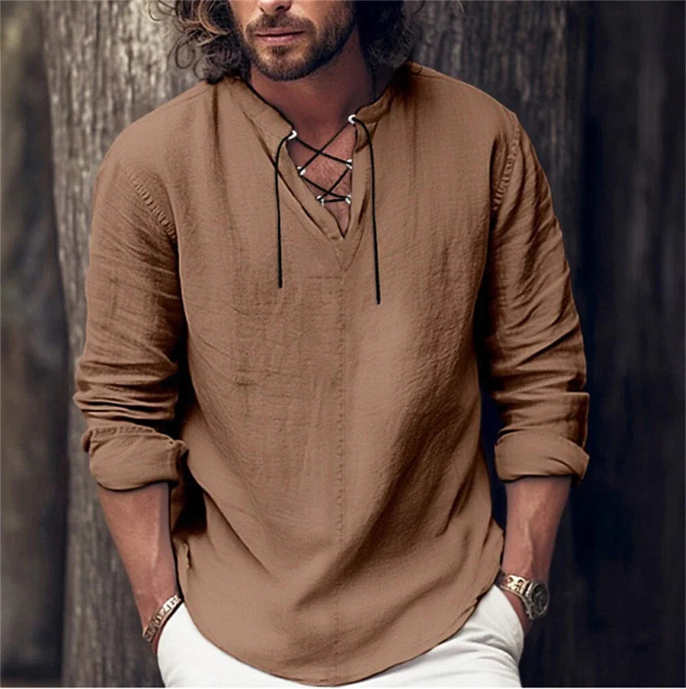 Men's Long Sleeve T-Shirt Classic Casual Baggy V-neck laceup Shirts Unisex T-shirt, Sweatshirt, Hoodie, Long Sleeve Tee - T-Shirt, Sweatshirt, Hoodie