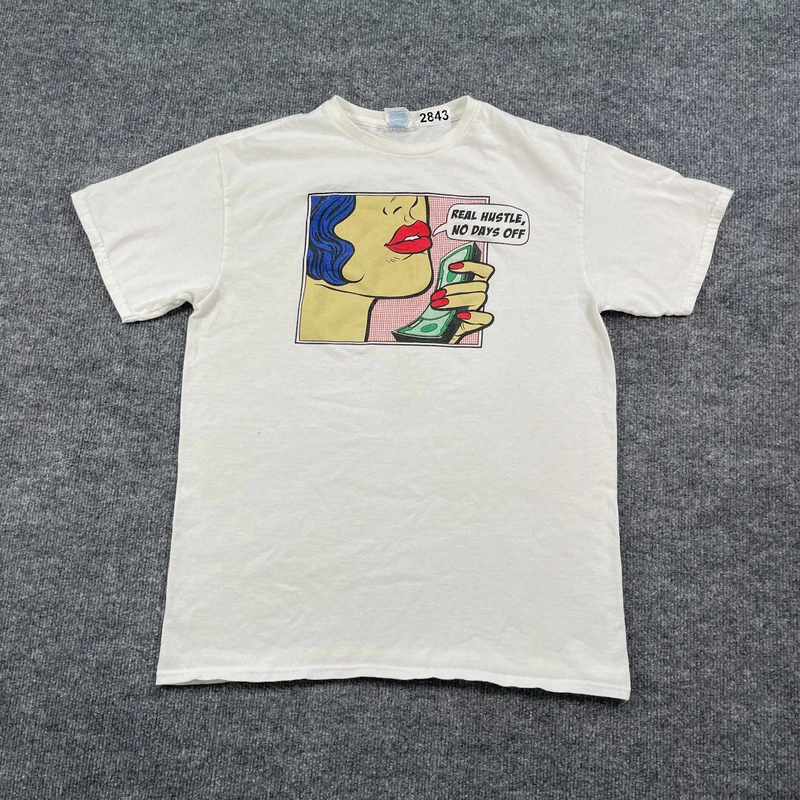 Vintage Y2K Real Hustle No Day-Off Pop Art Shirt Medium 19x25 White Unisex T-shirt, Sweatshirt, Hoodie, Long Sleeve Tee - T-Shirt, Sweatshirt, Hoodie