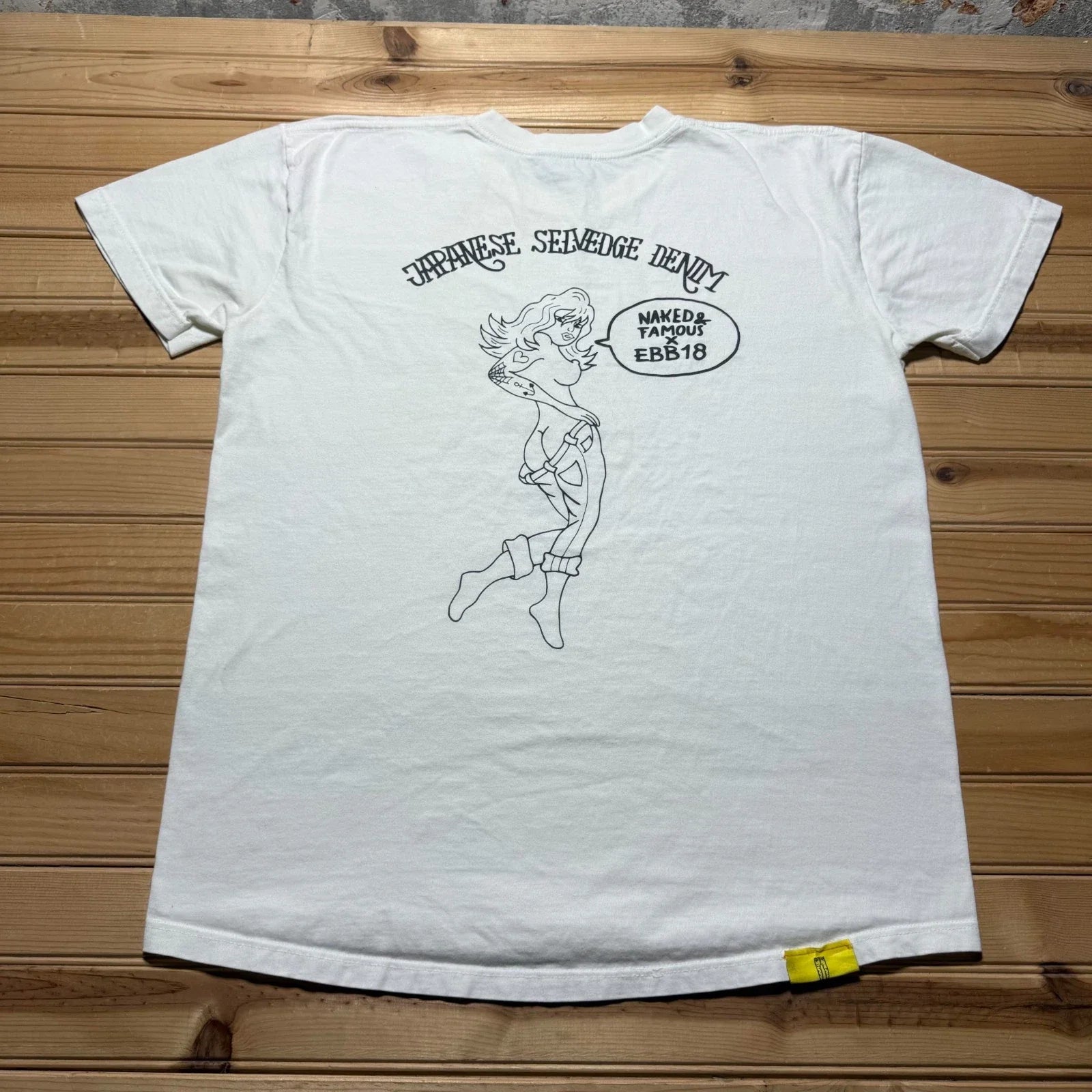 Y2K Naked & Famous Denim x EBB18 Japanese Selvedge Pinup Girl Graphic T-Shirt XL Unisex T-shirt, Sweatshirt, Hoodie, Long Sleeve Tee - T-Shirt, Sweatshirt, Hoodie