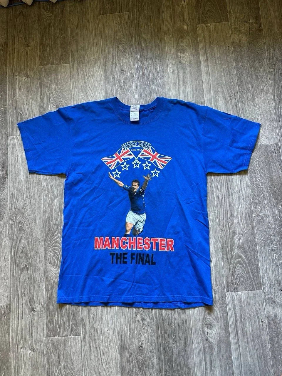 Vintage 2008 Manchester The Final Bootleg Soccer Tee Euro Misprint Gildan Blue L Unisex T-shirt, Sweatshirt, Hoodie, Long Sleeve Tee - T-Shirt, Sweatshirt, Hoodie