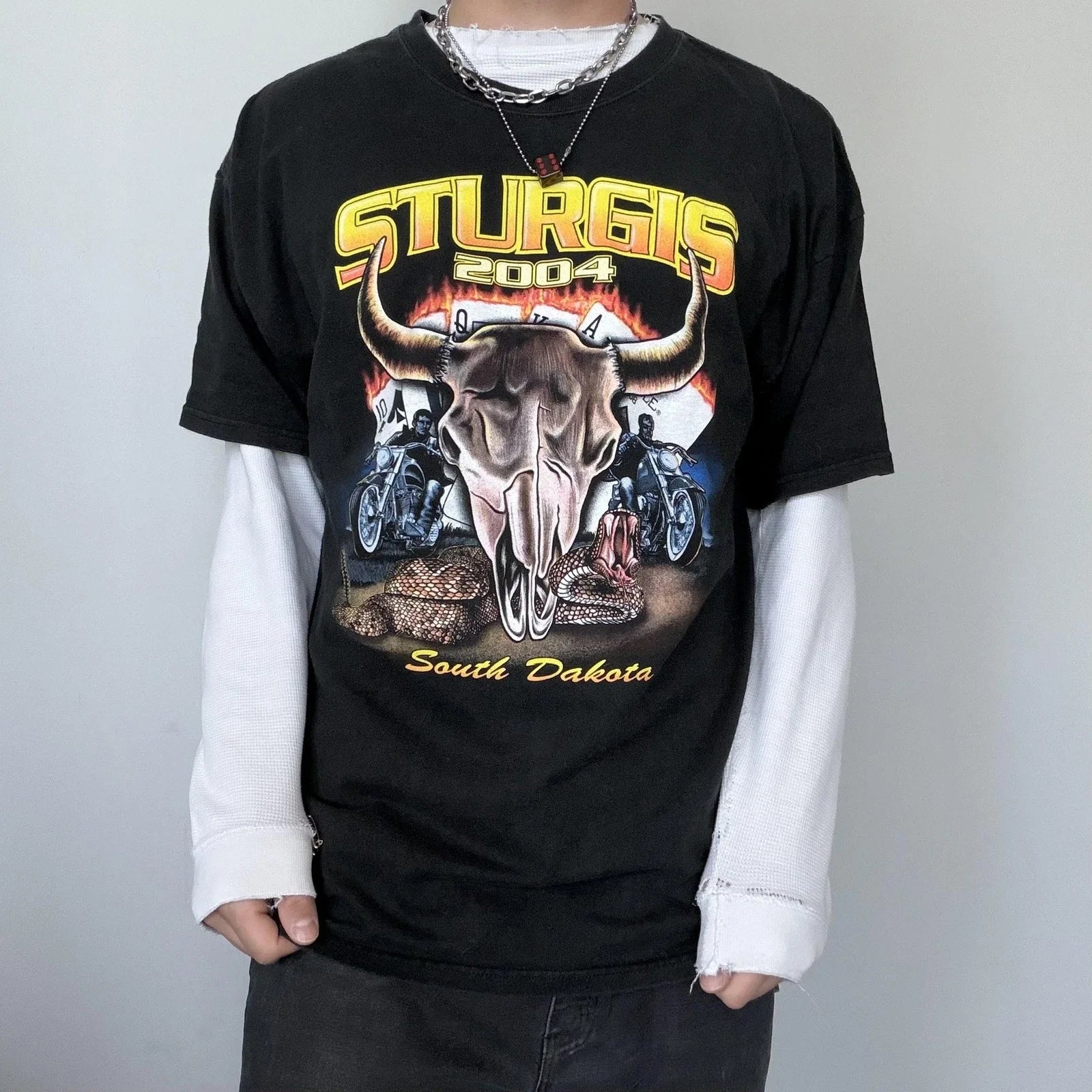 Y2K Biker Tee Sturgis 2004 Shirt Mens XL Black Skull Snake Rally Graphic Tee Unisex T-shirt, Sweatshirt, Hoodie, Long Sleeve Tee - T-Shirt, Sweatshirt, Hoodie