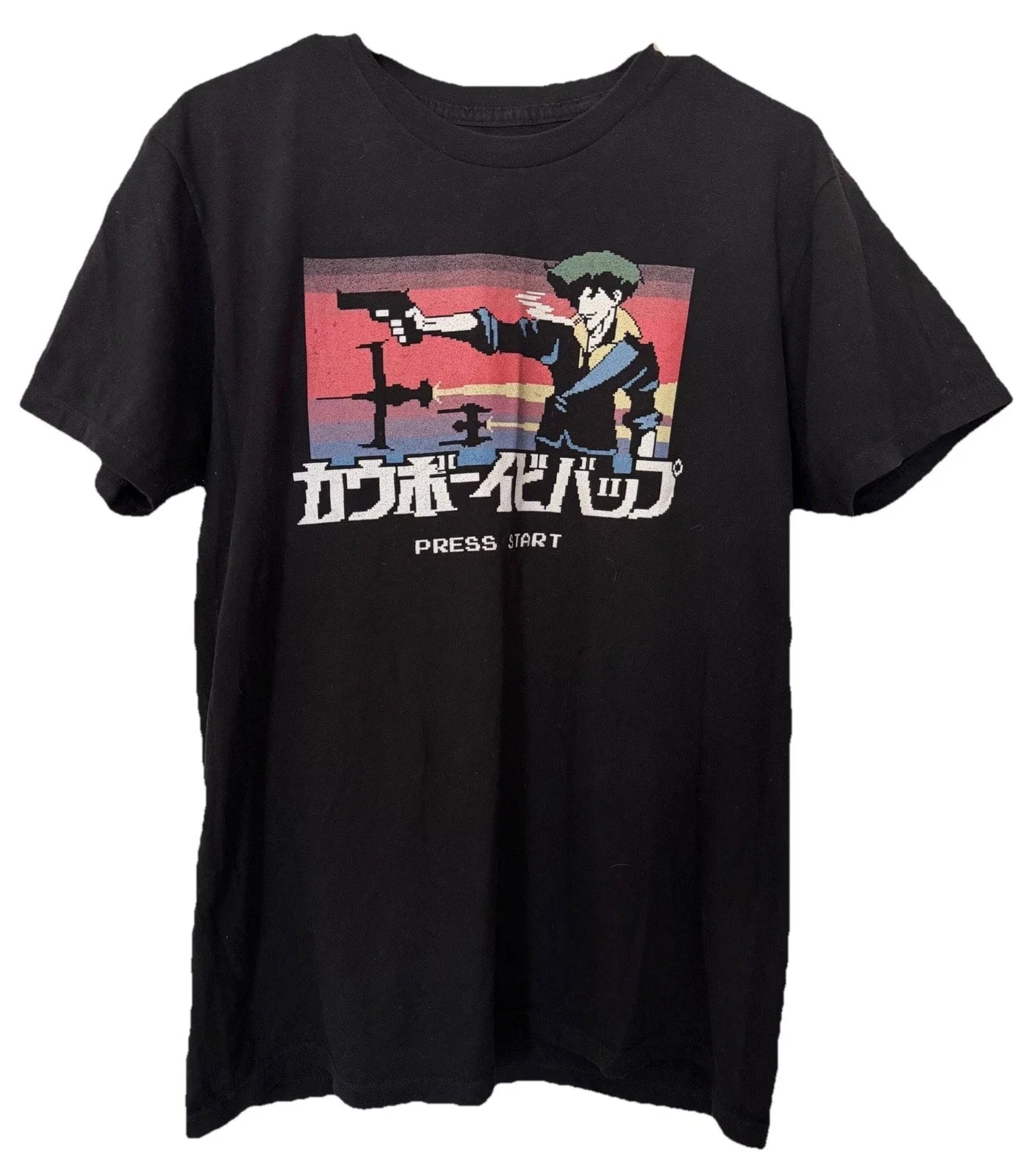 Cowboy Bebop Spike Spiegel Pixel Art Press Start Black T-Shirt Size M Unisex T-shirt, Sweatshirt, Hoodie, Long Sleeve Tee - T-Shirt, Sweatshirt, Hoodie