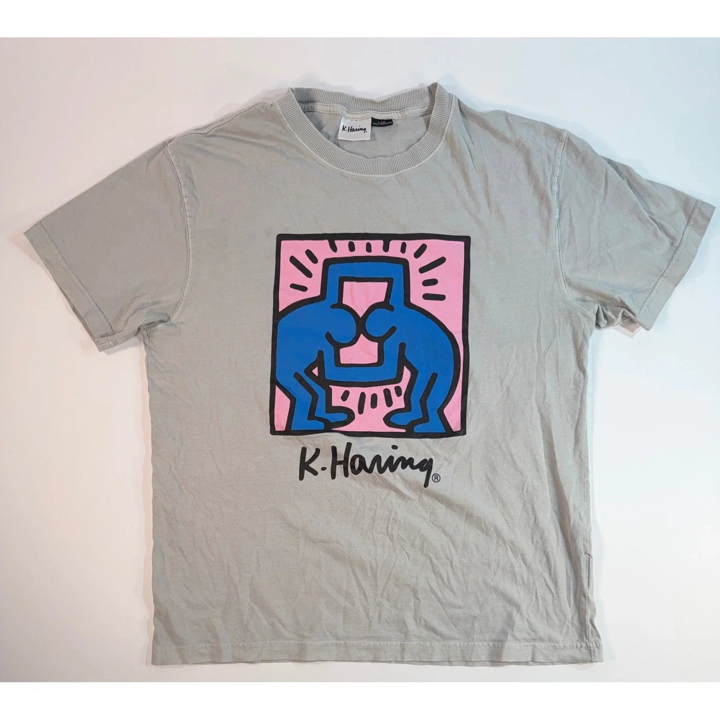 Keith Haring Pop Art Graphic T-Shirt Grey Mens Large Blue Pink Figures Tee Unisex T-shirt, Sweatshirt, Hoodie, Long Sleeve Tee - T-Shirt, Sweatshirt, Hoodie
