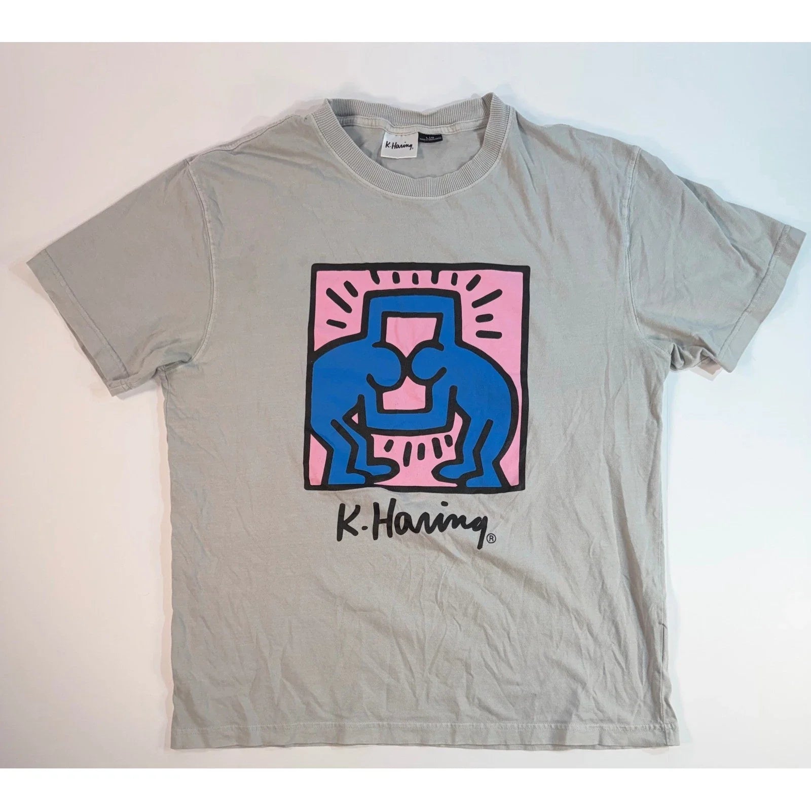 Keith Haring Pop Art Graphic T-Shirt Grey Mens Large Blue Pink Figures Tee Unisex T-shirt, Sweatshirt, Hoodie, Long Sleeve Tee - T-Shirt, Sweatshirt, Hoodie