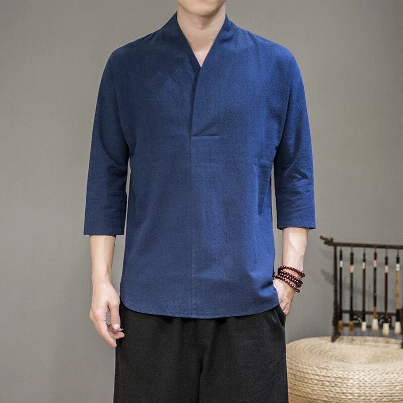 Men's Summer Cotton Linen Short Sleeve Tops V Neck Chinese T-Shirt Ancient Hanfu Unisex T-shirt, Sweatshirt, Hoodie, Long Sleeve Tee - T-Shirt, Sweatshirt, Hoodie
