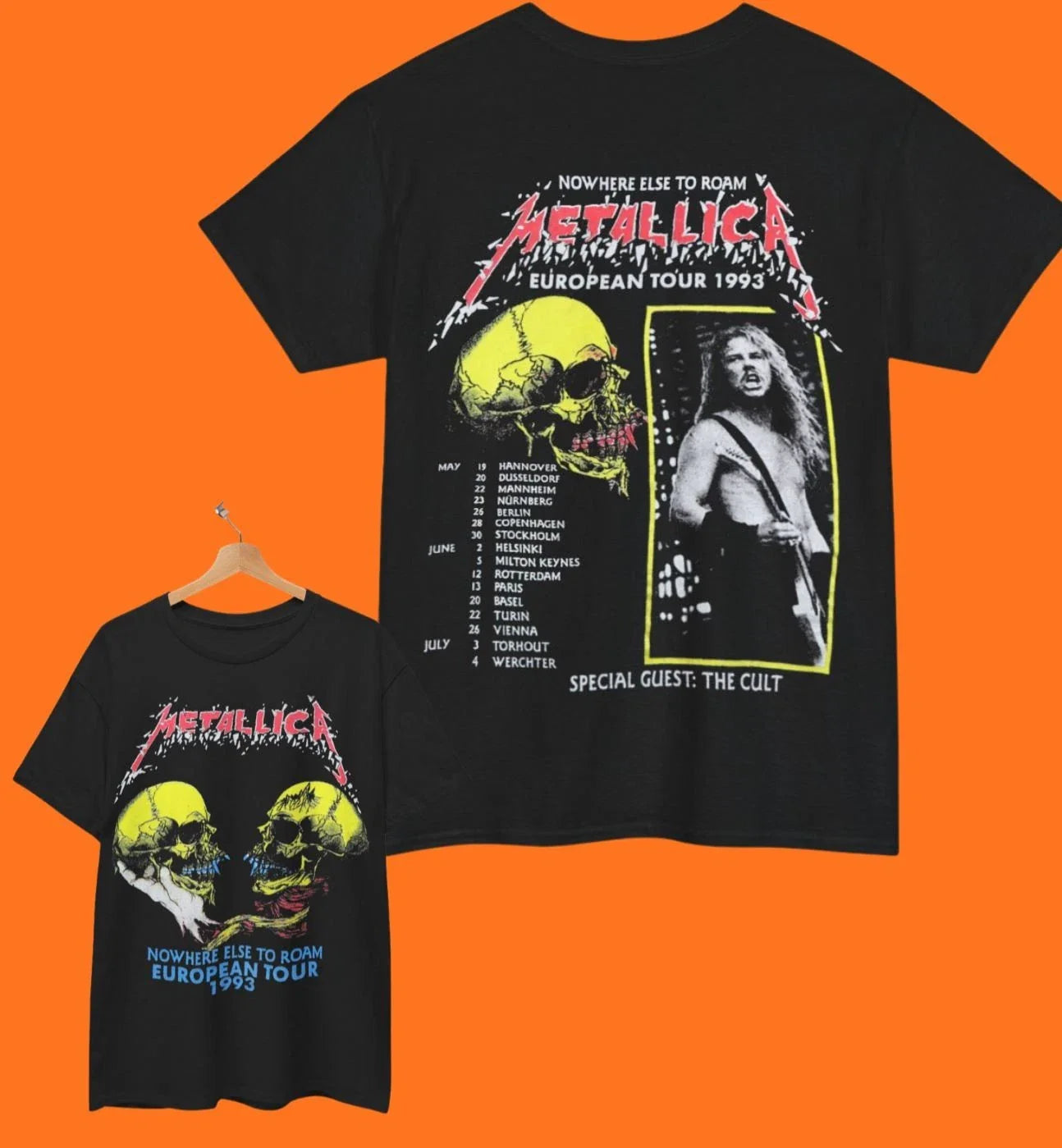 1993 Metallica Nowhere Else To Roam European Tour T-Shirt Double Sided Tee Unisex T-shirt, Sweatshirt, Hoodie, Long Sleeve Tee - T-Shirt, Sweatshirt, Hoodie