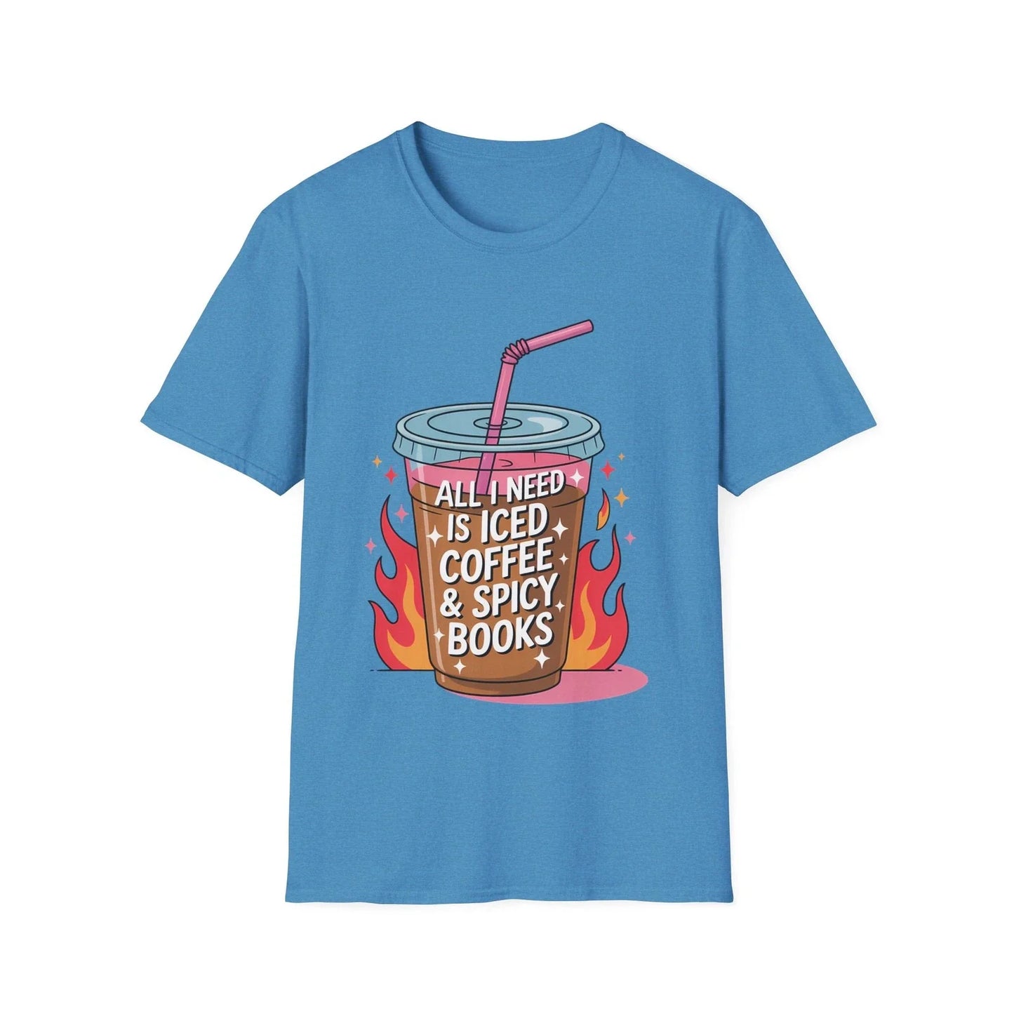 Iced Coffee & Spicy Books T-Shirt | Cute Coffee Illustration Unisex T-shirt, Sweatshirt, Hoodie, Long Sleeve Tee - T-Shirt, Sweatshirt, Hoodie