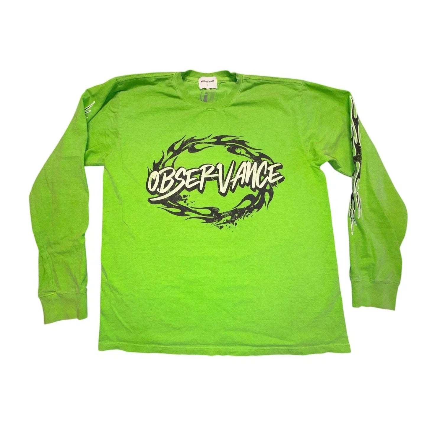 Melrose Place Mens Observance Graphic Long Sleeve T-Shirt Neon Green Flame L Unisex T-shirt, Sweatshirt, Hoodie, Long Sleeve Tee - T-Shirt, Sweatshirt, Hoodie