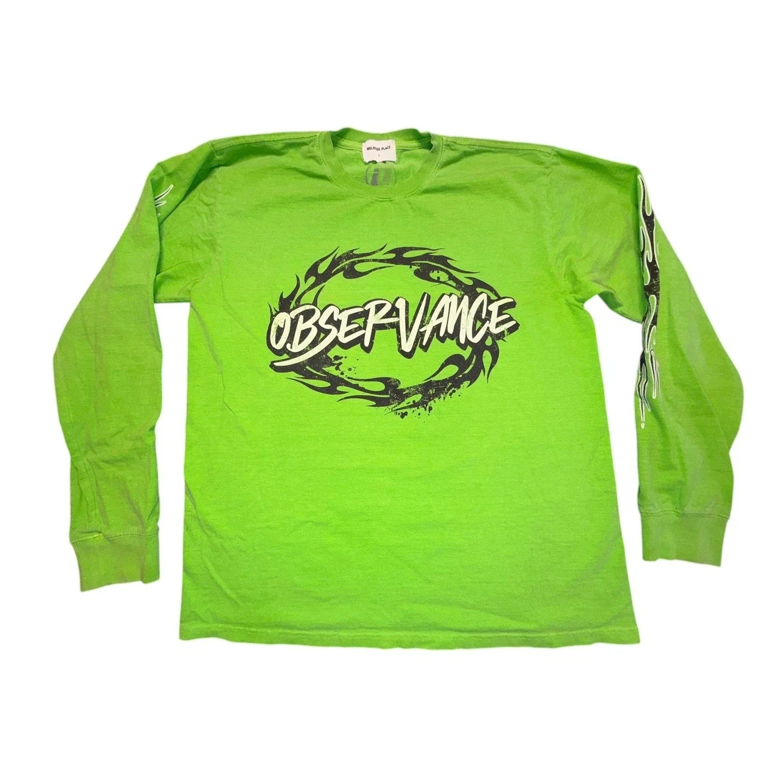 Melrose Place Mens Observance Graphic Long Sleeve T-Shirt Neon Green Flame L Unisex T-shirt, Sweatshirt, Hoodie, Long Sleeve Tee - T-Shirt, Sweatshirt, Hoodie