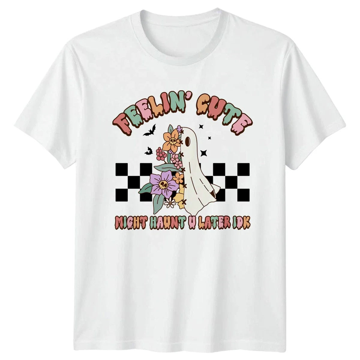 Feelin Cute Might Haunt U Womens T-Shirt Groovy Ghost Halloween Gift For Her Unisex T-shirt, Sweatshirt, Hoodie, Long Sleeve Tee - T-Shirt, Sweatshirt, Hoodie