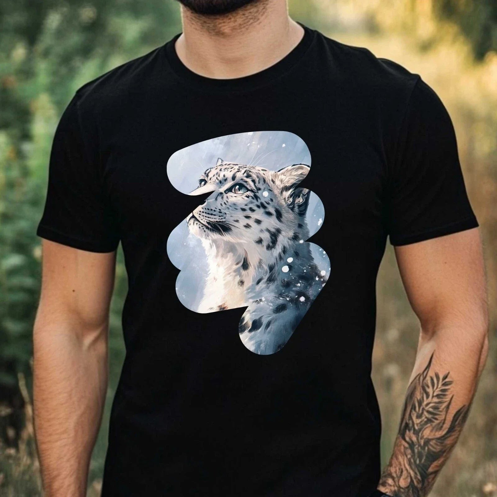 Mens Snow Leopard Print Cotton T-Shirt Size XS to 5XL Unisex T-shirt, Sweatshirt, Hoodie, Long Sleeve Tee - T-Shirt, Sweatshirt, Hoodie