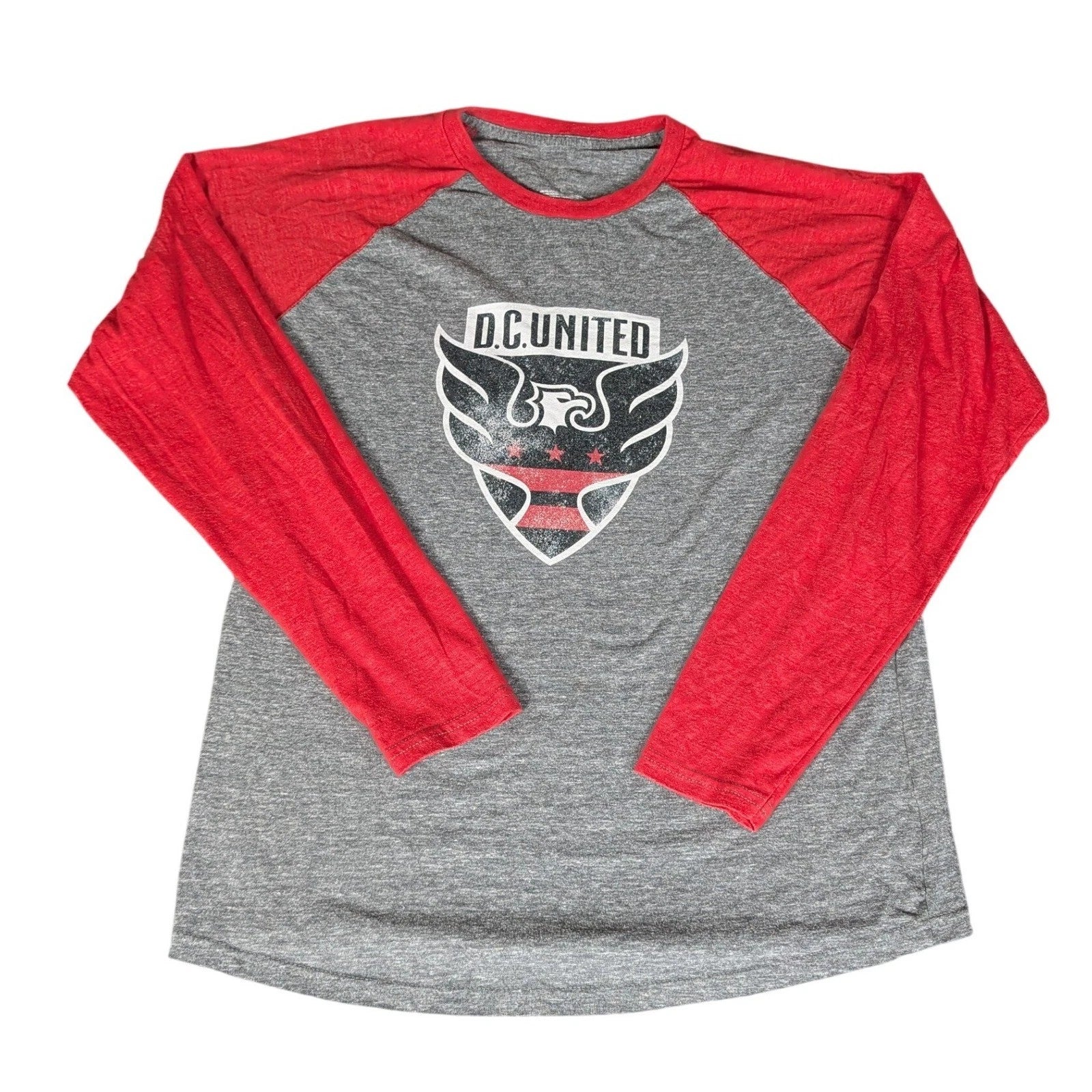 MLS DC United Soccer Raglan Long Sleeve Shirt Gray Red Distressed Eagle Logo Unisex T-shirt, Sweatshirt, Hoodie, Long Sleeve Tee - T-Shirt, Sweatshirt, Hoodie