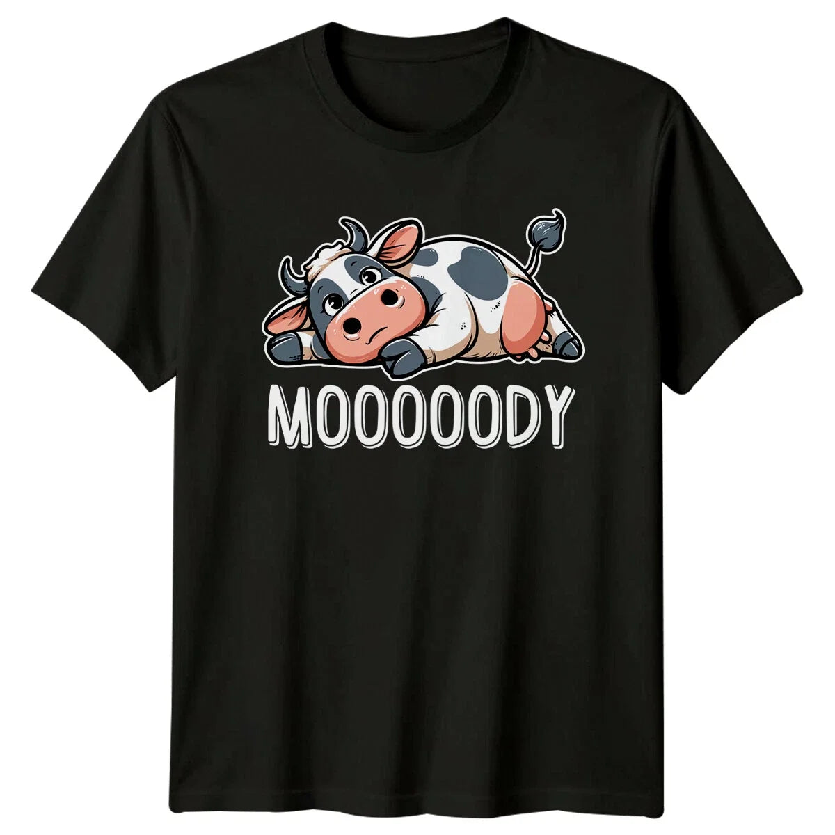 Mooody Cow T-Shirt Funny Animal Pun Lazy Cartoon Graphic Tee Unisex T-shirt, Sweatshirt, Hoodie, Long Sleeve Tee - T-Shirt, Sweatshirt, Hoodie