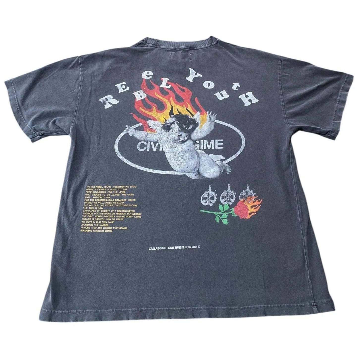 Civil Regime Rebel Youth Angel Fire Black Washed Distressed Oversized Tee Sz M Unisex T-shirt, Sweatshirt, Hoodie, Long Sleeve Tee - T-Shirt, Sweatshirt, Hoodie
