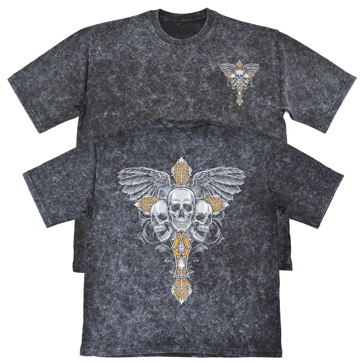 Three Skulls Wings Cross Mens Carbon Grey Heavyweight 240gsm Vintage T-Shirt Unisex T-shirt, Sweatshirt, Hoodie, Long Sleeve Tee - T-Shirt, Sweatshirt, Hoodie