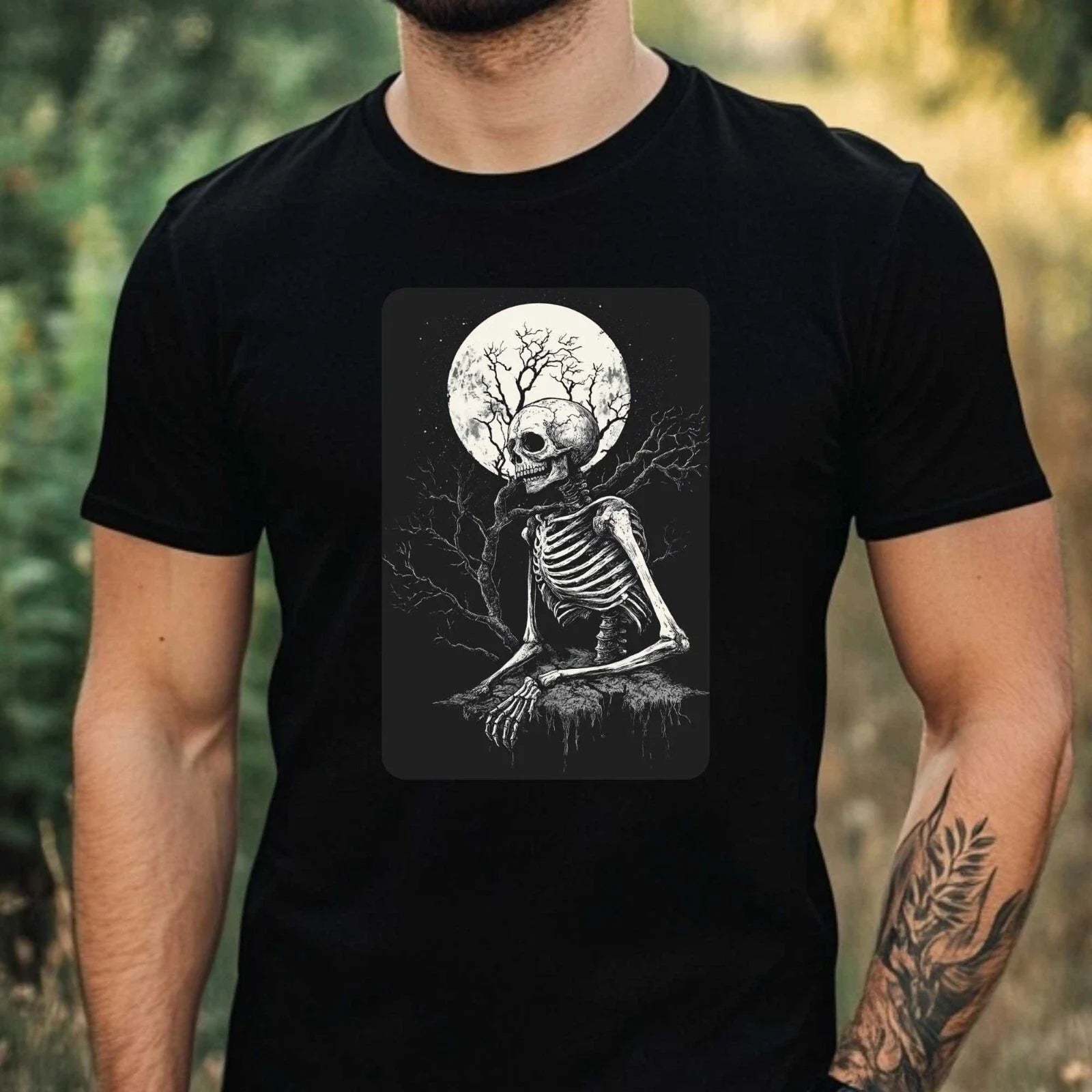 Mens Skeleton at Full Moon Motif Cotton T-Shirt Size XS to 5XL Unisex T-shirt, Sweatshirt, Hoodie, Long Sleeve Tee - T-Shirt, Sweatshirt, Hoodie