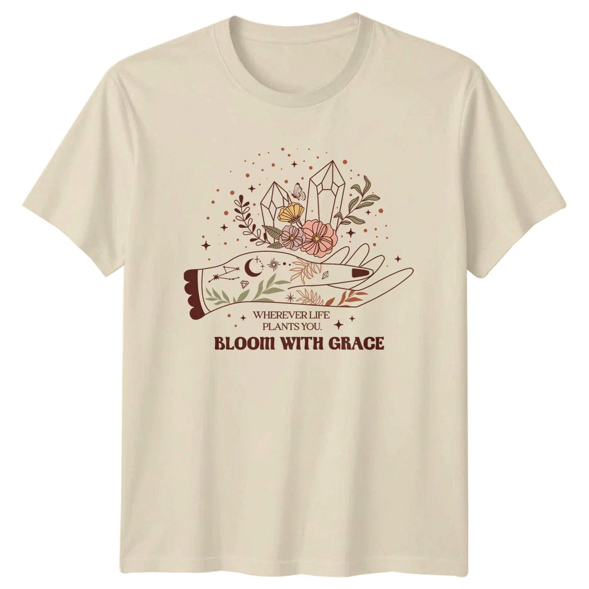 Wherever Life Plants You Bloom With Grace Boho Celestial T-Shirt Unisex T-shirt, Sweatshirt, Hoodie, Long Sleeve Tee - T-Shirt, Sweatshirt, Hoodie