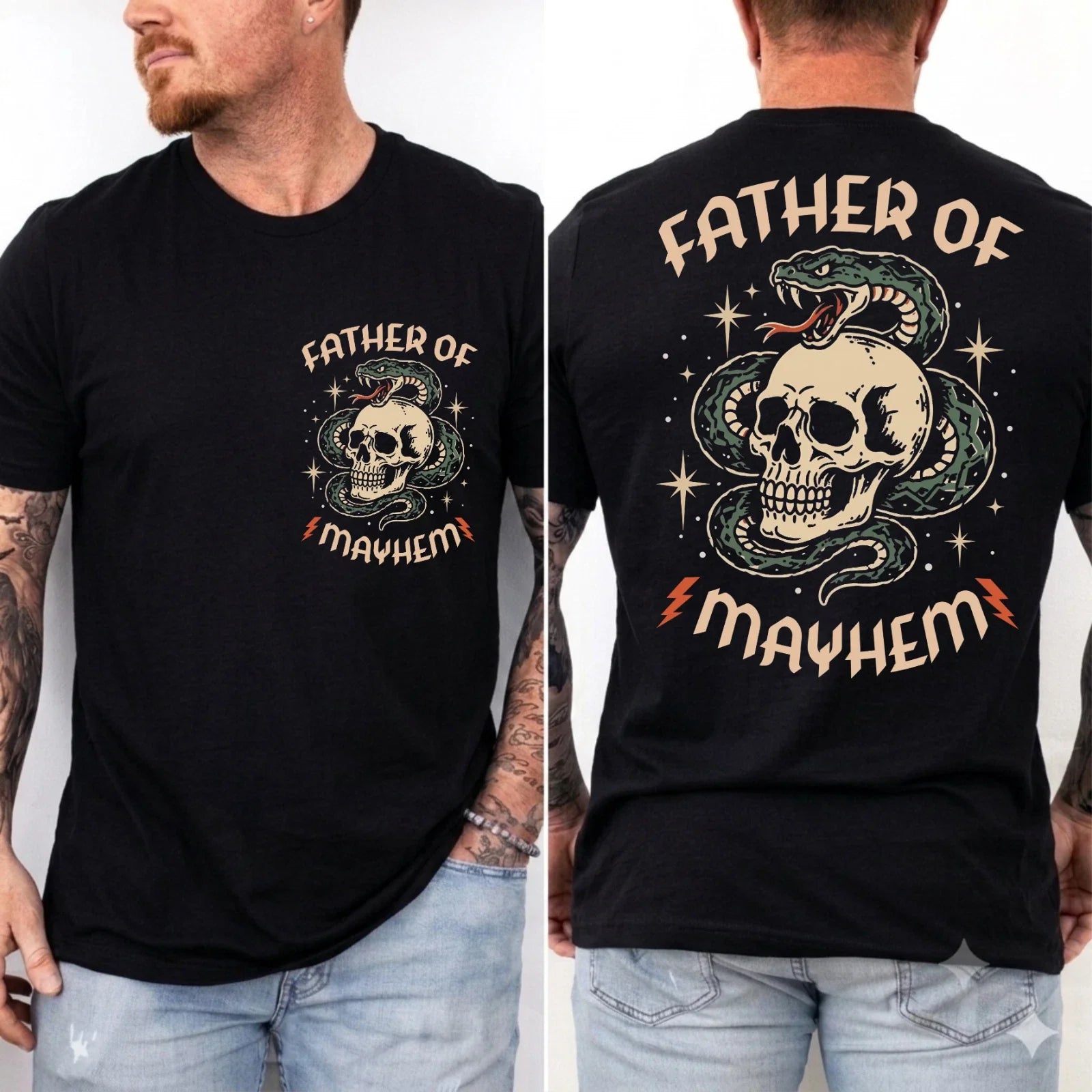 Father of Mayhem T-Shirt, Mother of Mayhem Shirt, Tattoo Style Skull Snake Tee Unisex T-shirt, Sweatshirt, Hoodie, Long Sleeve Tee - T-Shirt, Sweatshirt, Hoodie