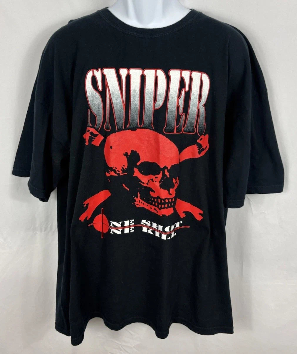 Vintage Y2K Sniper Big Graphic Print Skull & Crossbones T-Shirt Mens 2XL Black Unisex T-shirt, Sweatshirt, Hoodie, Long Sleeve Tee - T-Shirt, Sweatshirt, Hoodie