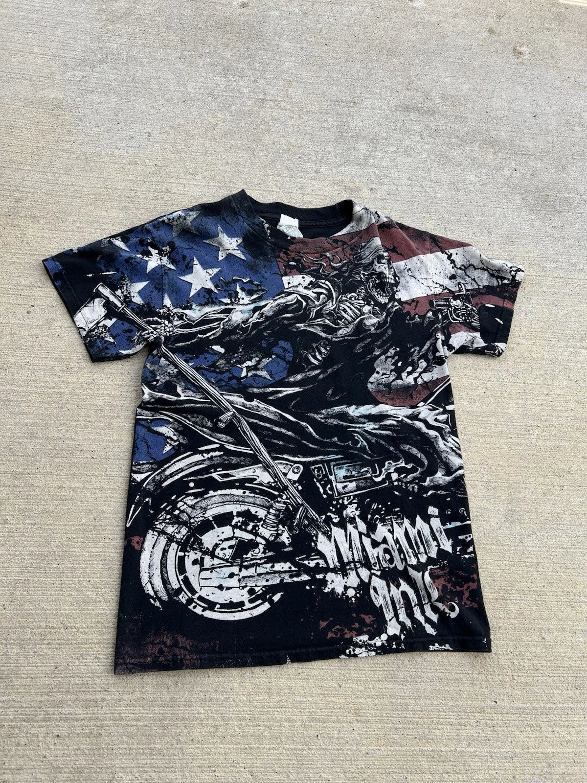 Y2K Miami Ink Skeleton American Death Rider Shirt Size Small Unisex T-shirt, Sweatshirt, Hoodie, Long Sleeve Tee - T-Shirt, Sweatshirt, Hoodie
