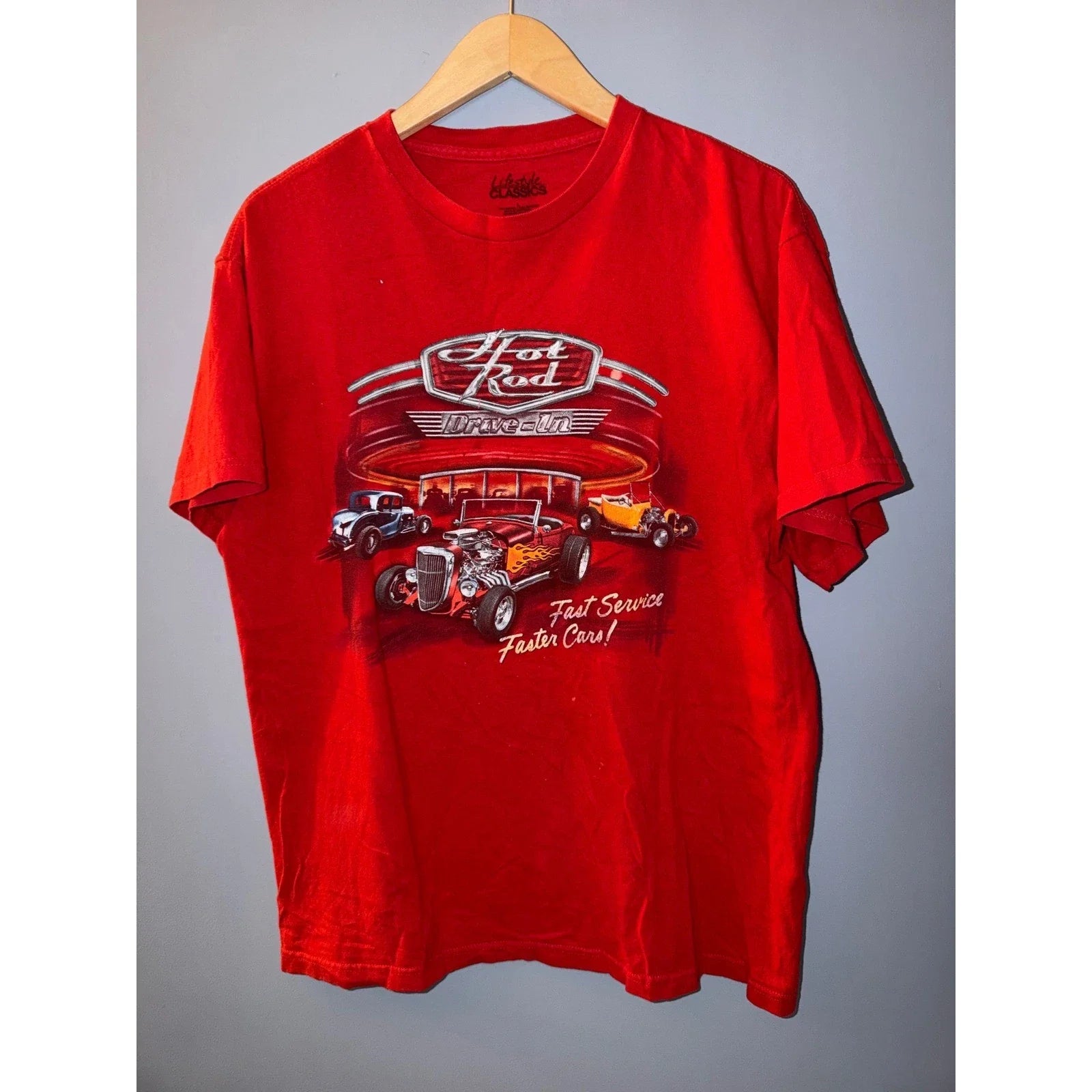 Lifestyle Classics Red Hot Rod Drive-In Graphic T-Shirt Men's Large Unisex T-shirt, Sweatshirt, Hoodie, Long Sleeve Tee - T-Shirt, Sweatshirt, Hoodie