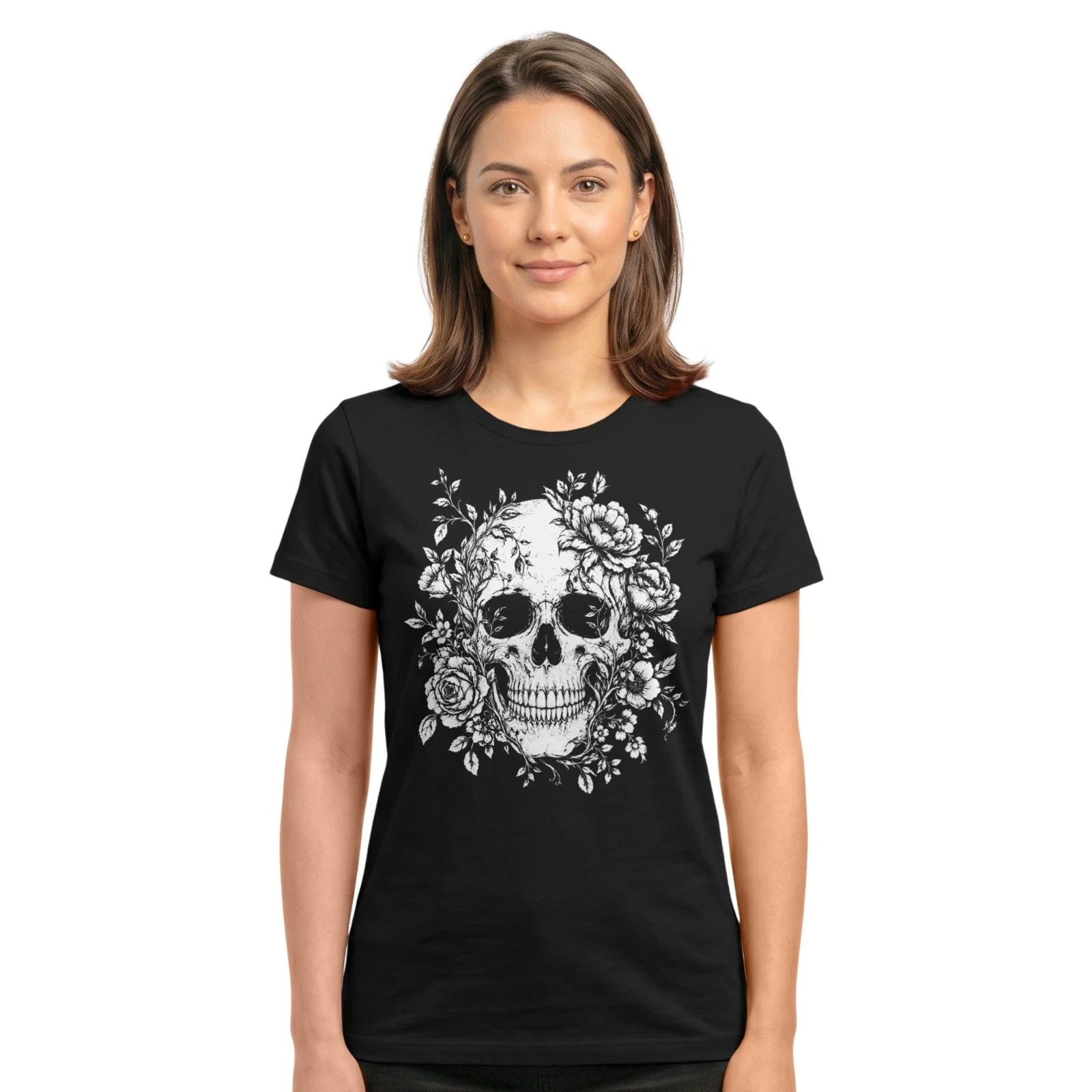 Floral Skull Women T-Shirt | Gothic Flower Skull Halloween Dark Aesthetic Tee Unisex T-shirt, Sweatshirt, Hoodie, Long Sleeve Tee - T-Shirt, Sweatshirt, Hoodie
