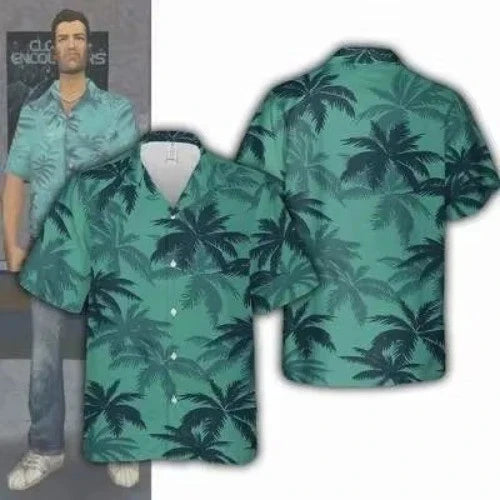 Mens Button Down Teal Palm Tree Silhouette Hawaiian Top Novelty Summer Shirt Unisex T-shirt, Sweatshirt, Hoodie, Long Sleeve Tee - T-Shirt, Sweatshirt, Hoodie