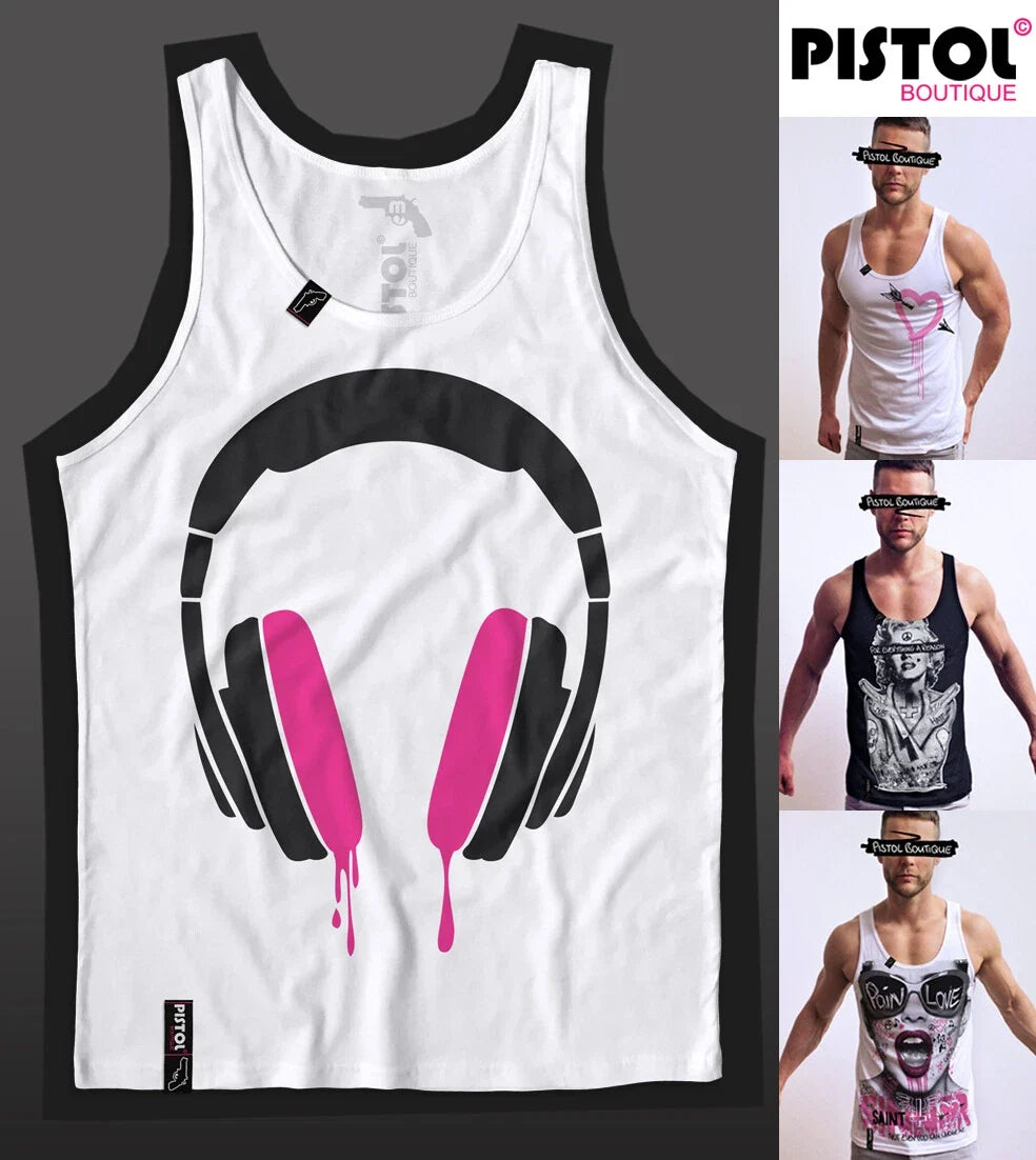 Pistol Boutique men's White HEADPHONES DRIBBLE Music Singlet Vest Top Tank Unisex T-shirt, Sweatshirt, Hoodie, Long Sleeve Tee - T-Shirt, Sweatshirt, Hoodie