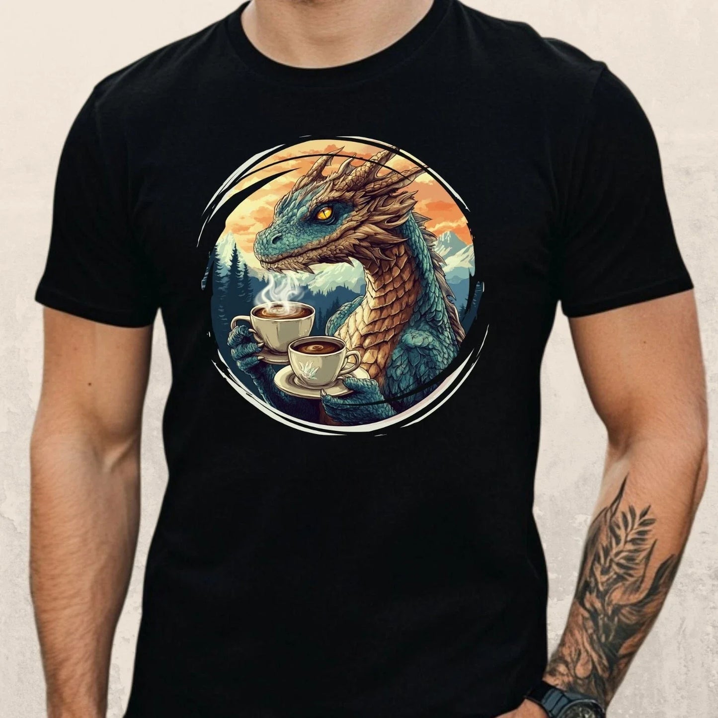 Mens Dragon Drinking Coffee Motif Cotton T-Shirt Size XS to 5XL Unisex T-shirt, Sweatshirt, Hoodie, Long Sleeve Tee - T-Shirt, Sweatshirt, Hoodie