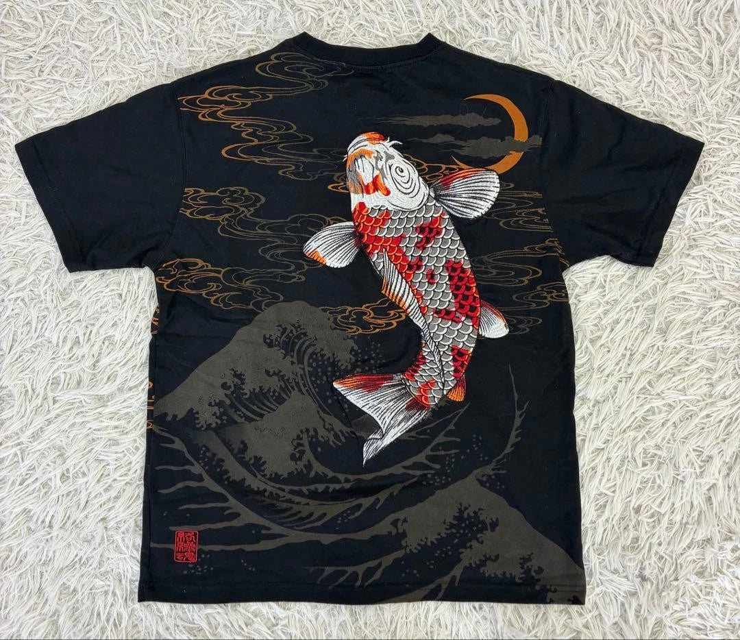 KARAKURI TAMASHII Koi Fish Embroidered T-Shirt Black M Japanese Wagara Unisex T-shirt, Sweatshirt, Hoodie, Long Sleeve Tee - T-Shirt, Sweatshirt, Hoodie