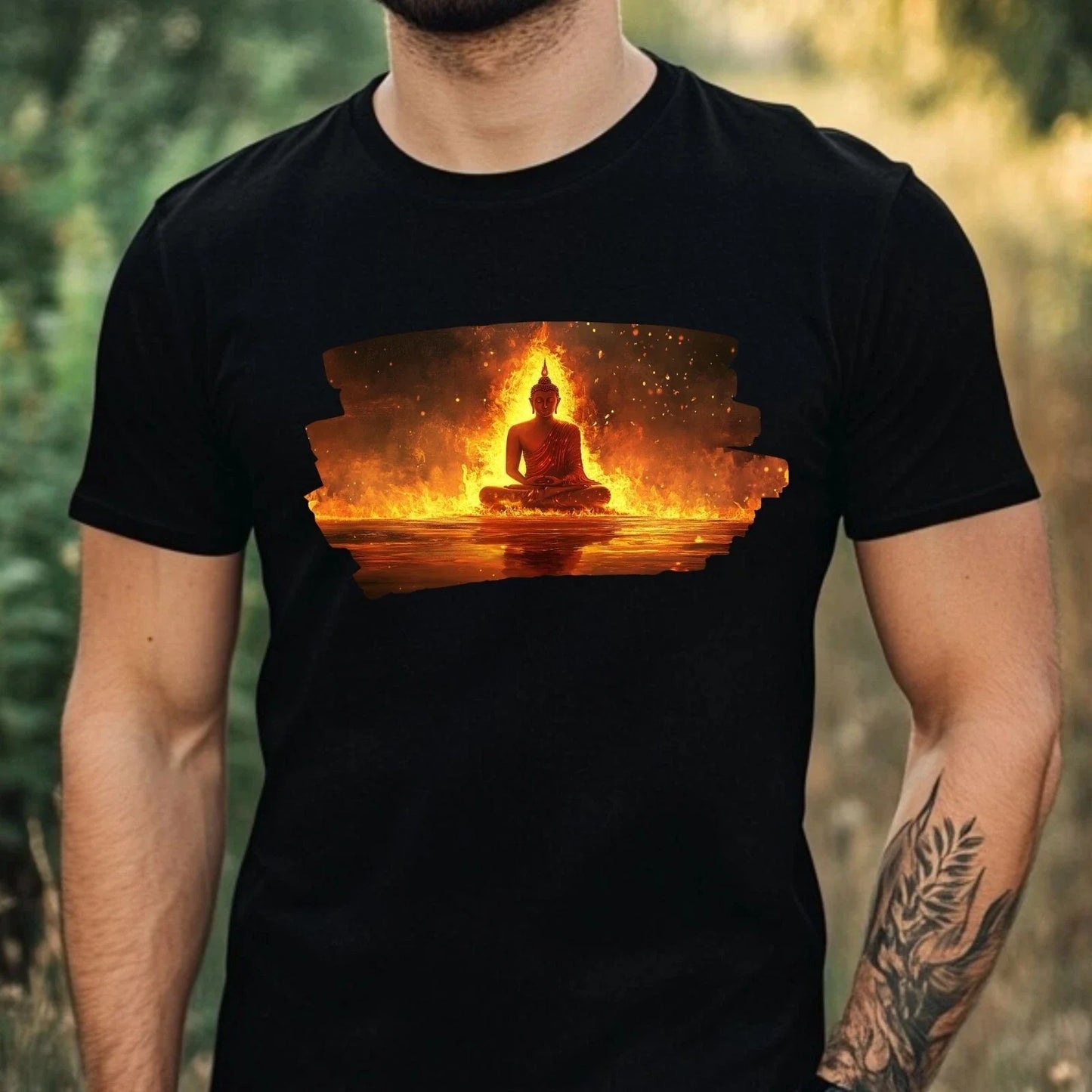 Mens Buddha on Fire Motif Cotton T-Shirt Size XS to 5XL Unisex T-shirt, Sweatshirt, Hoodie, Long Sleeve Tee - T-Shirt, Sweatshirt, Hoodie