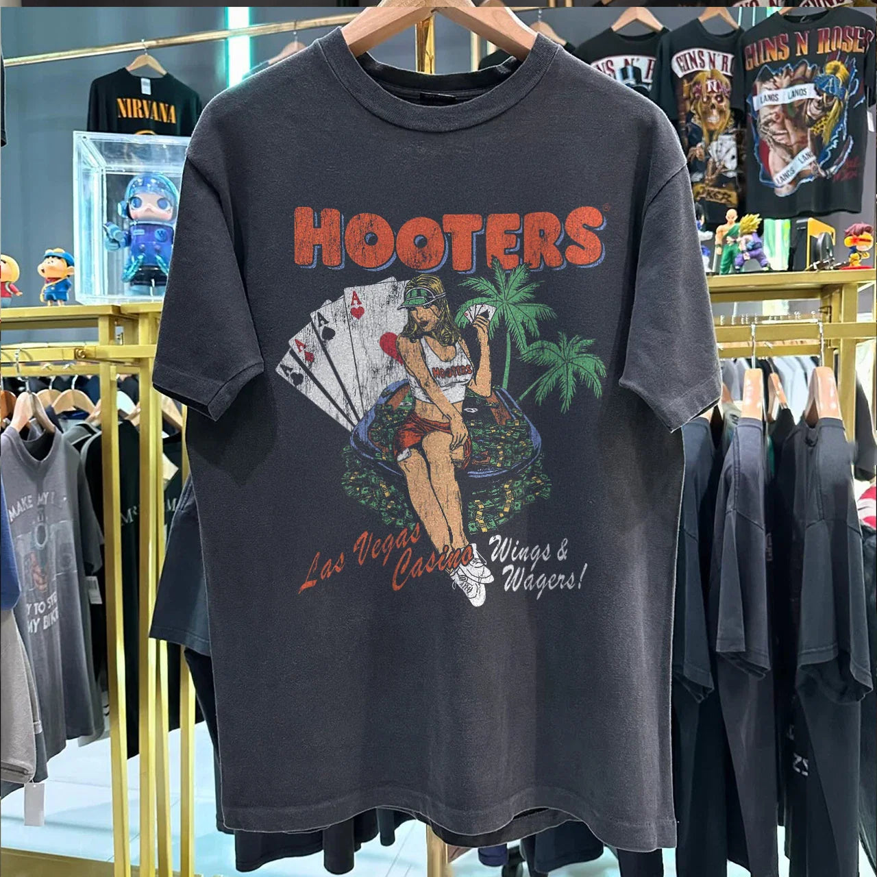 Y2K Hooters Wings And Wagers Las Vegas Aged T-Shirt Black S Unisex T-shirt, Sweatshirt, Hoodie, Long Sleeve Tee - T-Shirt, Sweatshirt, Hoodie