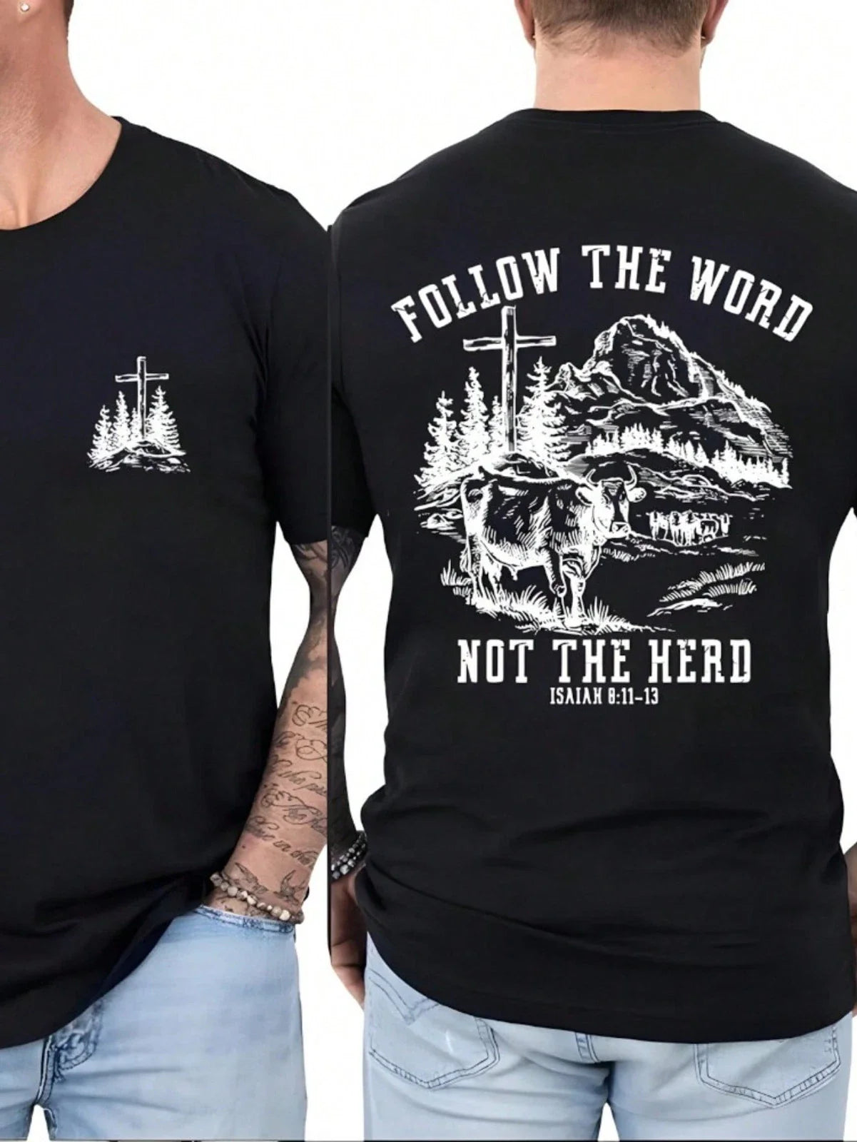 Men's Faith Follow The Word Not The Herd Double-Sided Christian Graphic Tee Unisex T-shirt, Sweatshirt, Hoodie, Long Sleeve Tee - T-Shirt, Sweatshirt, Hoodie