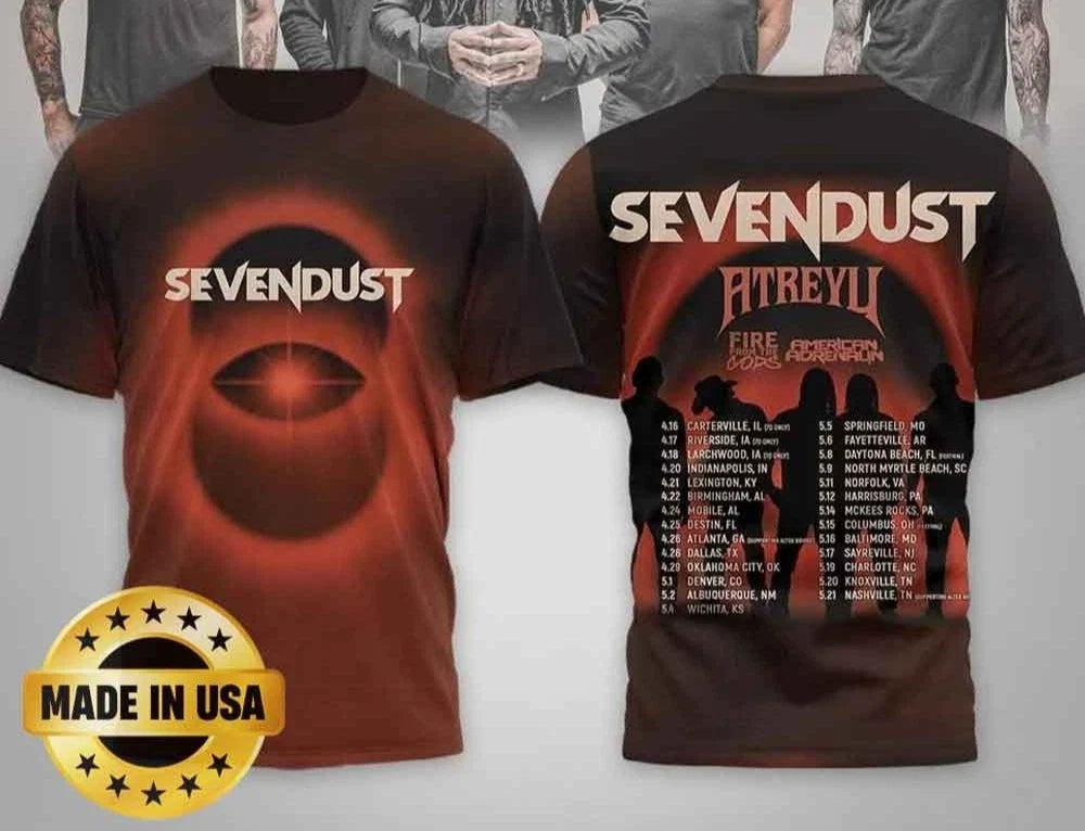 Sevendust North American Tour Shirt With Atreyu Fire From The Gods AOP T-Shirt Unisex T-shirt, Sweatshirt, Hoodie, Long Sleeve Tee - T-Shirt, Sweatshirt, Hoodie