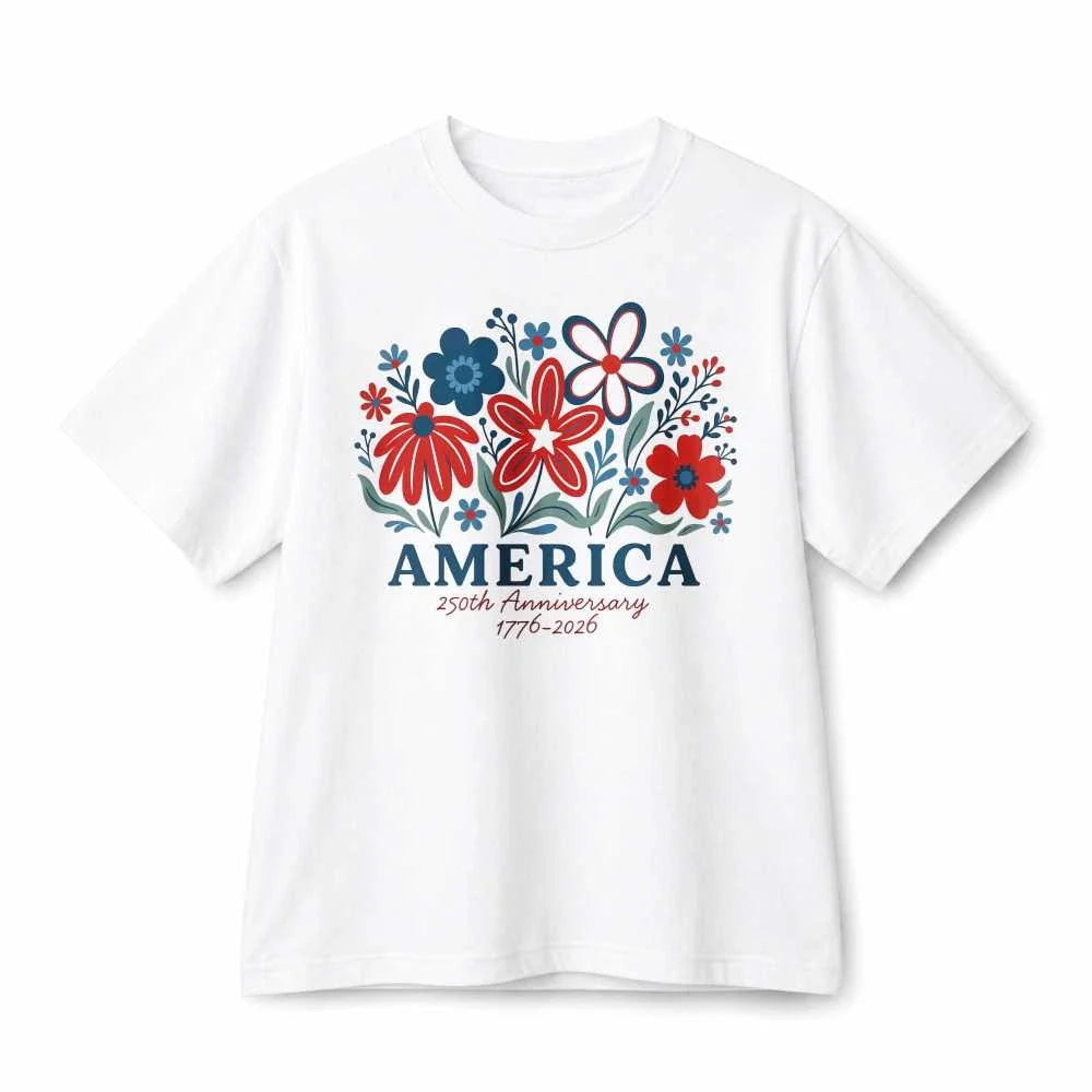 America 250th Anniversary Red Blue Floral Patriotic Retro Graphic Cotton T-Shirt Unisex T-shirt, Sweatshirt, Hoodie, Long Sleeve Tee - T-Shirt, Sweatshirt, Hoodie