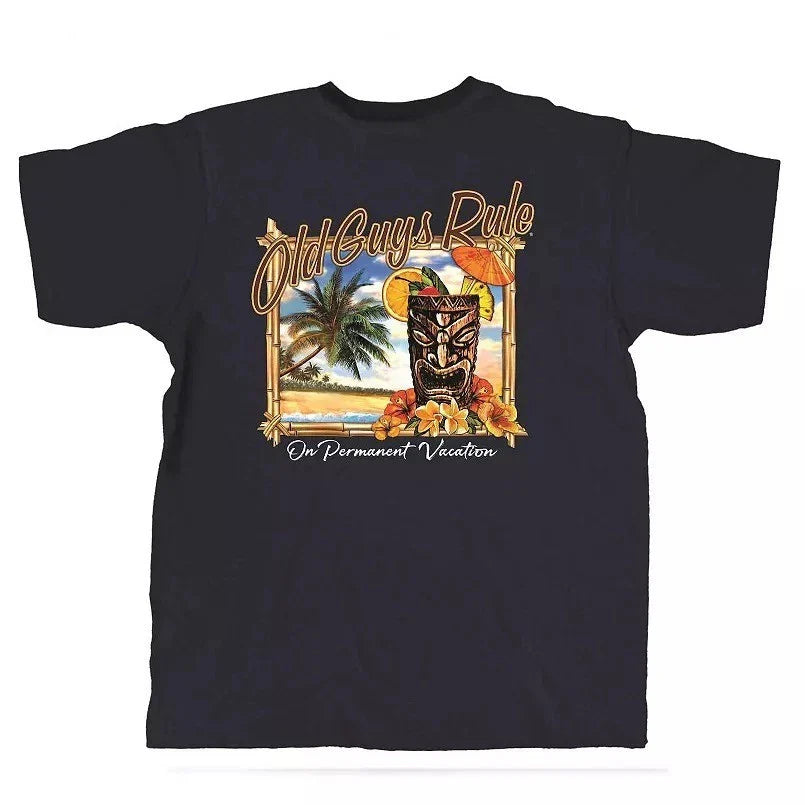 New OLD GUYS RULE T SHIRT PERMANENT VACATION, TIKI, NAVY BLUE Unisex T-shirt, Sweatshirt, Hoodie, Long Sleeve Tee - T-Shirt, Sweatshirt, Hoodie