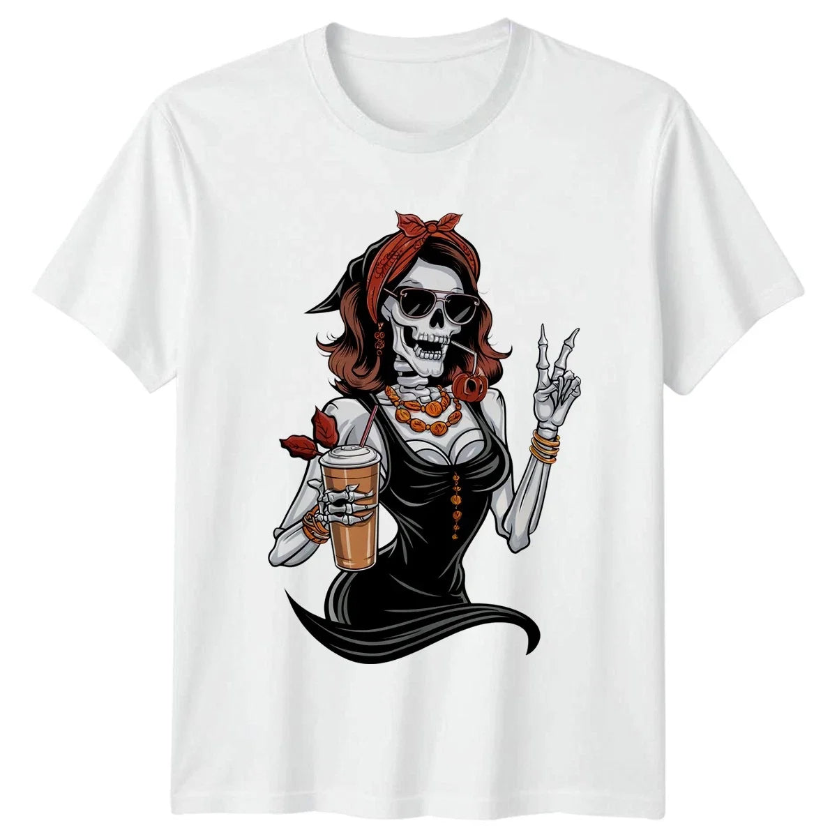 Fall Skeleton Girl Coffee Drinker Womens T-Shirt Pumpkin Spice Halloween Gift Unisex T-shirt, Sweatshirt, Hoodie, Long Sleeve Tee - T-Shirt, Sweatshirt, Hoodie