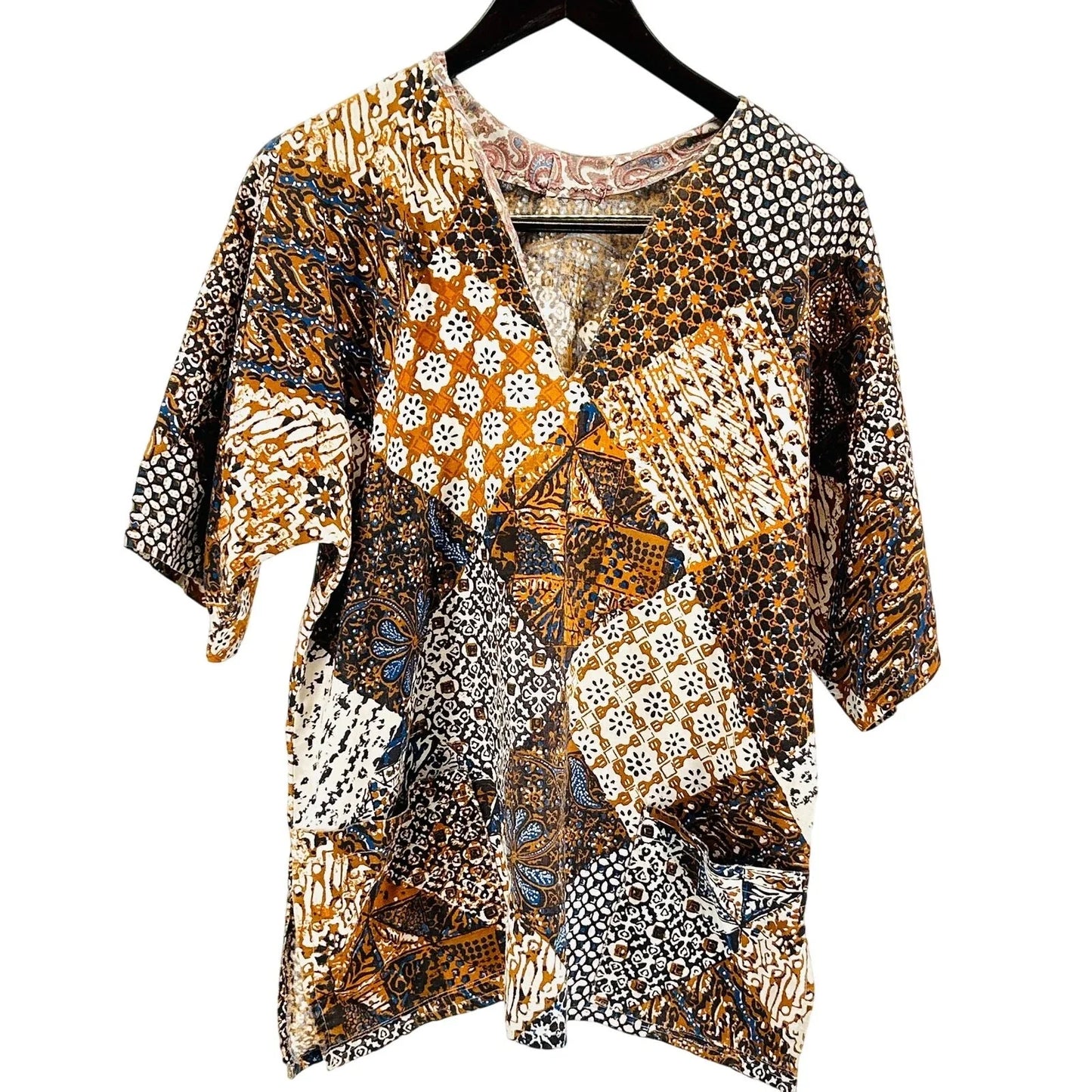 Vintage 70s Handmade Brown Patchwork Cotton Batik Short Sleeve Dashiki Shirt Unisex T-shirt, Sweatshirt, Hoodie, Long Sleeve Tee - T-Shirt, Sweatshirt, Hoodie
