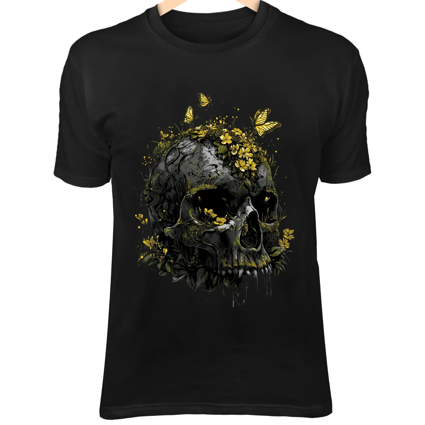 Mystical Skull Nature Art - Moss, Vines, Wildflowers & Glowing Butterflies Unisex T-shirt, Sweatshirt, Hoodie, Long Sleeve Tee - T-Shirt, Sweatshirt, Hoodie