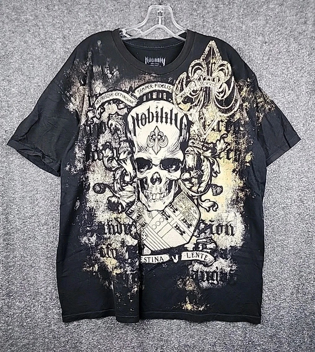 Nobility Y2K Skull AOP Shirt Size 2XL Black White Goth Grunge Skater USA Printed Unisex T-shirt, Sweatshirt, Hoodie, Long Sleeve Tee - T-Shirt, Sweatshirt, Hoodie