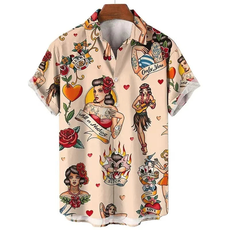 Mens Button Down Cream Rockabilly Pin Up Tattoo Flash Top Novelty Summer Shirt Unisex T-shirt, Sweatshirt, Hoodie, Long Sleeve Tee - T-Shirt, Sweatshirt, Hoodie