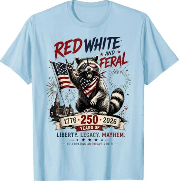 Red White Feral Raccoon America 250th Patriotic Men Women T-Shirt Unisex T-shirt, Sweatshirt, Hoodie, Long Sleeve Tee - T-Shirt, Sweatshirt, Hoodie