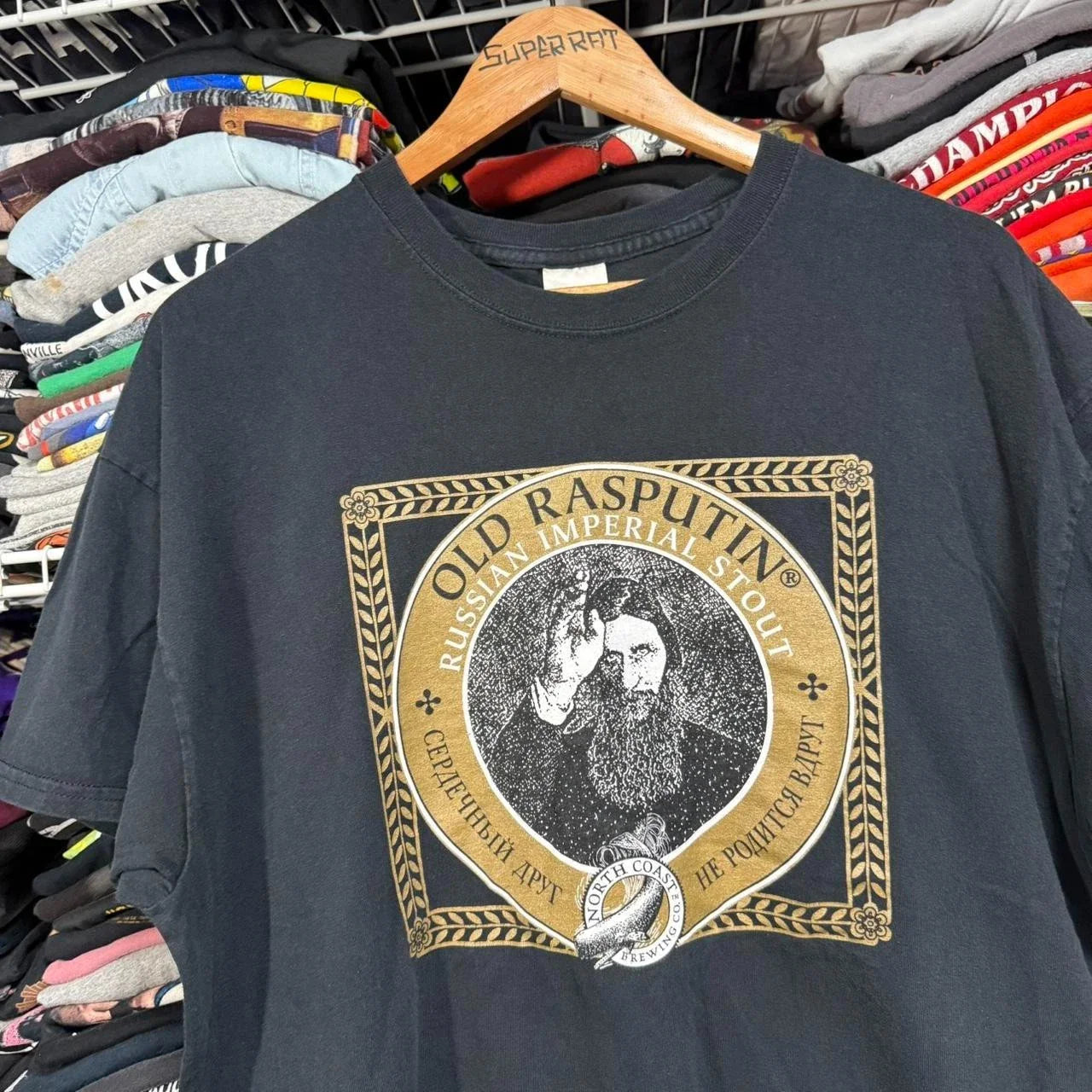 Y2K old Rasputin north coast brewing beer promo t shirt black Unisex T-shirt, Sweatshirt, Hoodie, Long Sleeve Tee - T-Shirt, Sweatshirt, Hoodie