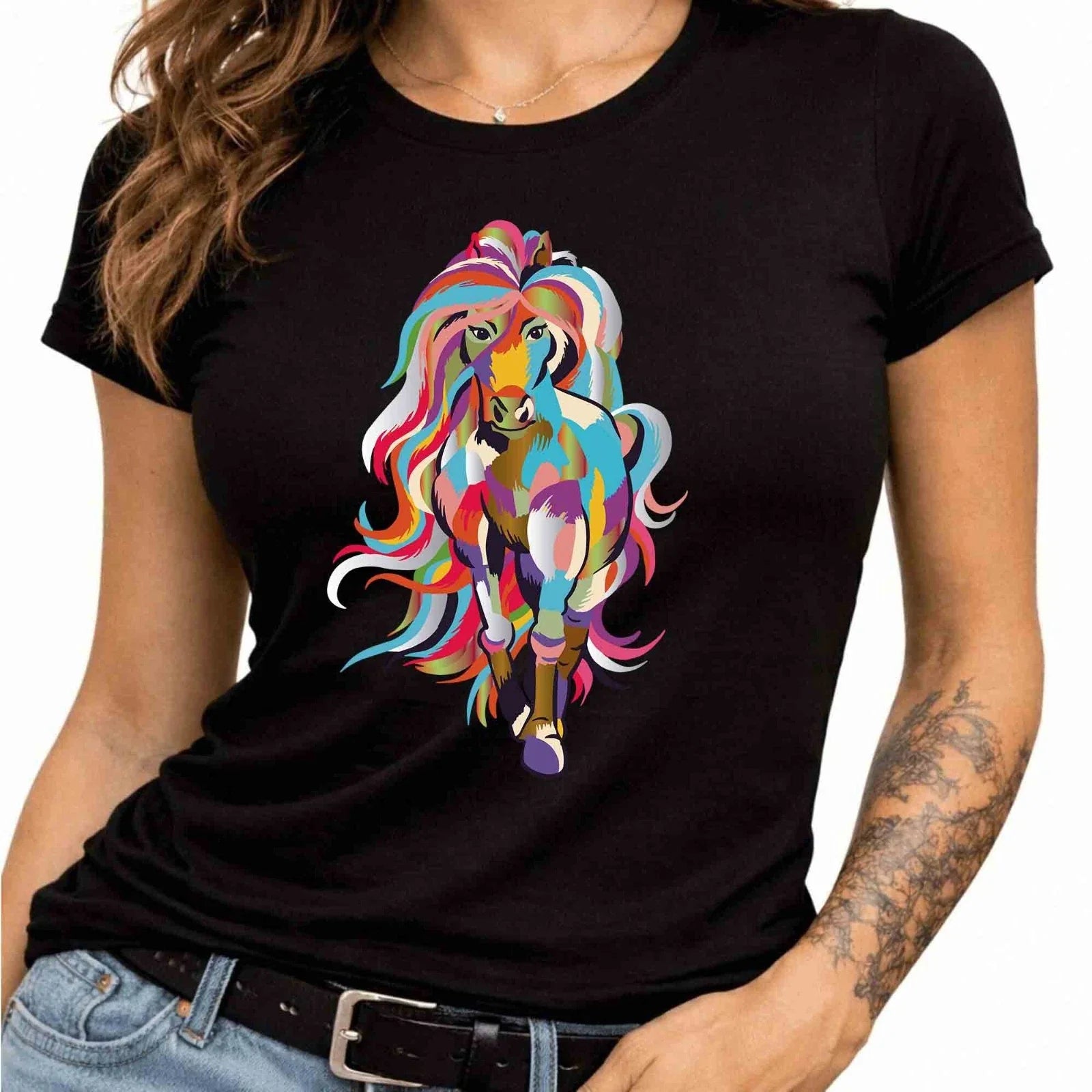 Horse Tee Colorful Pop Art Running Stallion Wildlife Animal Graphic Shirt. Unisex T-shirt, Sweatshirt, Hoodie, Long Sleeve Tee - T-Shirt, Sweatshirt, Hoodie