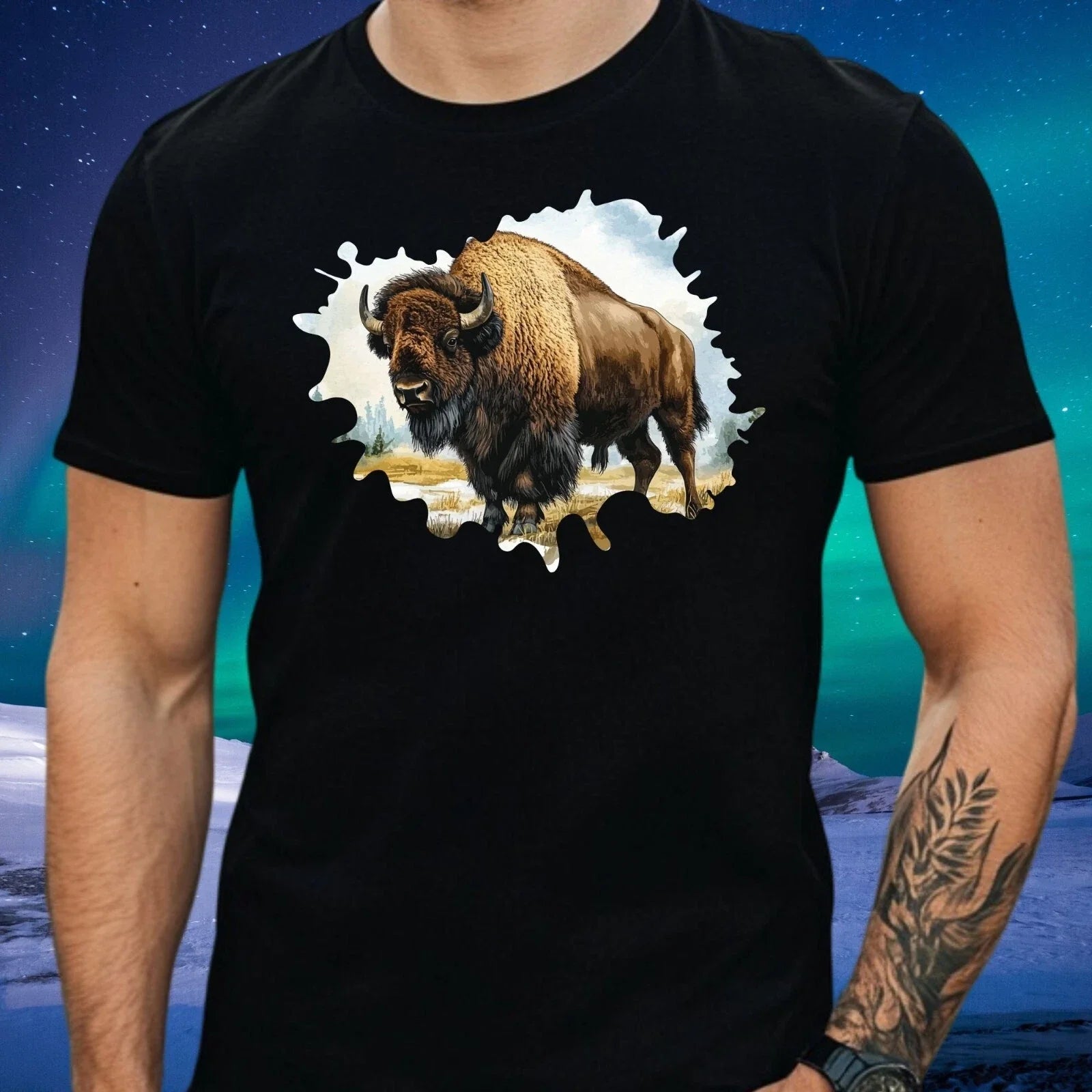 Mens Hand Drawn Bison Motif Cotton T-Shirt Size XS to 5XL Unisex T-shirt, Sweatshirt, Hoodie, Long Sleeve Tee - T-Shirt, Sweatshirt, Hoodie