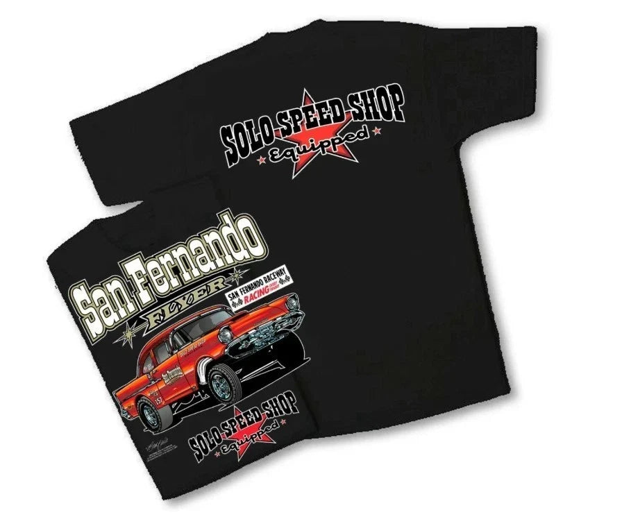 Solo Speed Shop San Fernando Flyer 57 Chev (24) T-shirt Unisex T-shirt, Sweatshirt, Hoodie, Long Sleeve Tee - T-Shirt, Sweatshirt, Hoodie