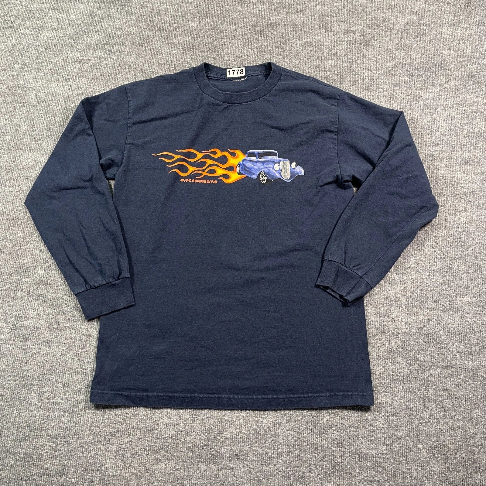 Vintage 90s California Fire Flame Hot Rod Shirt Medium 18x26 Blue Unisex T-shirt, Sweatshirt, Hoodie, Long Sleeve Tee - T-Shirt, Sweatshirt, Hoodie