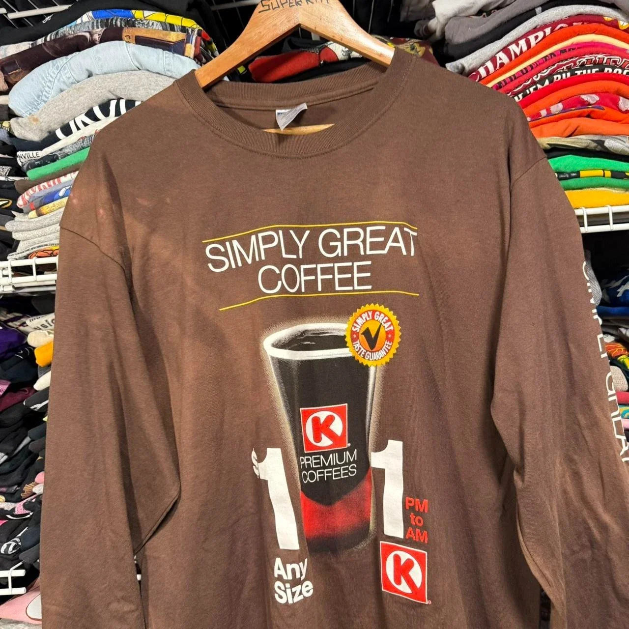 Y2K circle K coffee promo employee long sleeve t shirt brown Unisex T-shirt, Sweatshirt, Hoodie, Long Sleeve Tee - T-Shirt, Sweatshirt, Hoodie