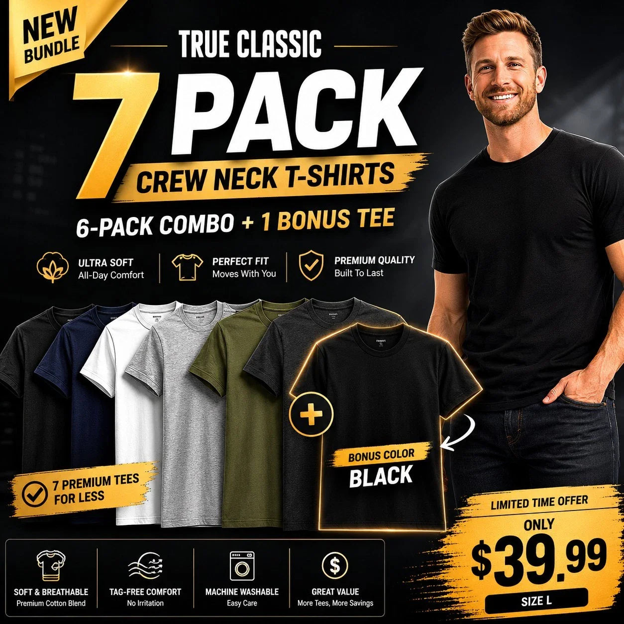 True Classic 7-Pack Crew Neck T-Shirts | Size L | + Bonus Black Tee Unisex T-shirt, Sweatshirt, Hoodie, Long Sleeve Tee - T-Shirt, Sweatshirt, Hoodie